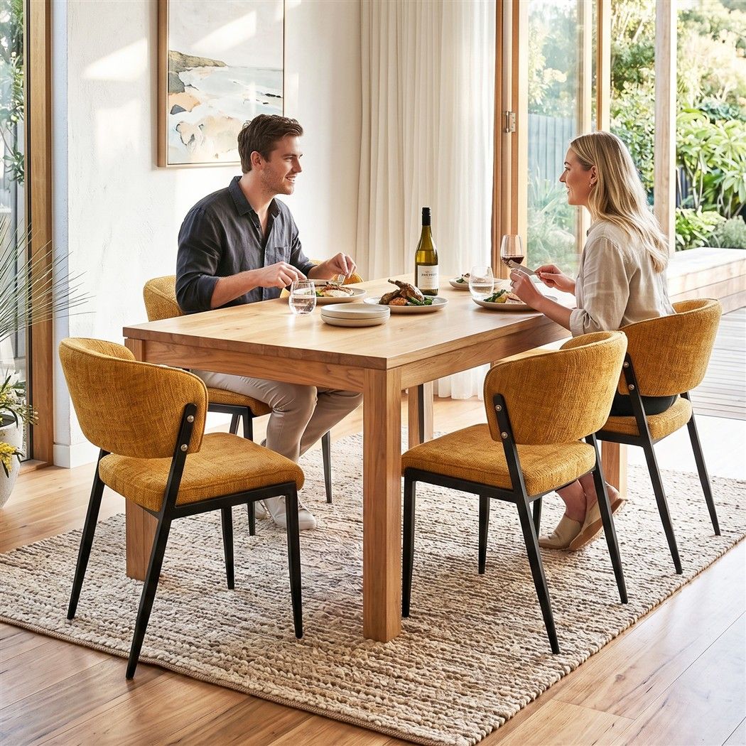 Set of 4 Linen Fabric Upholstered Dining Chairs - Mustard