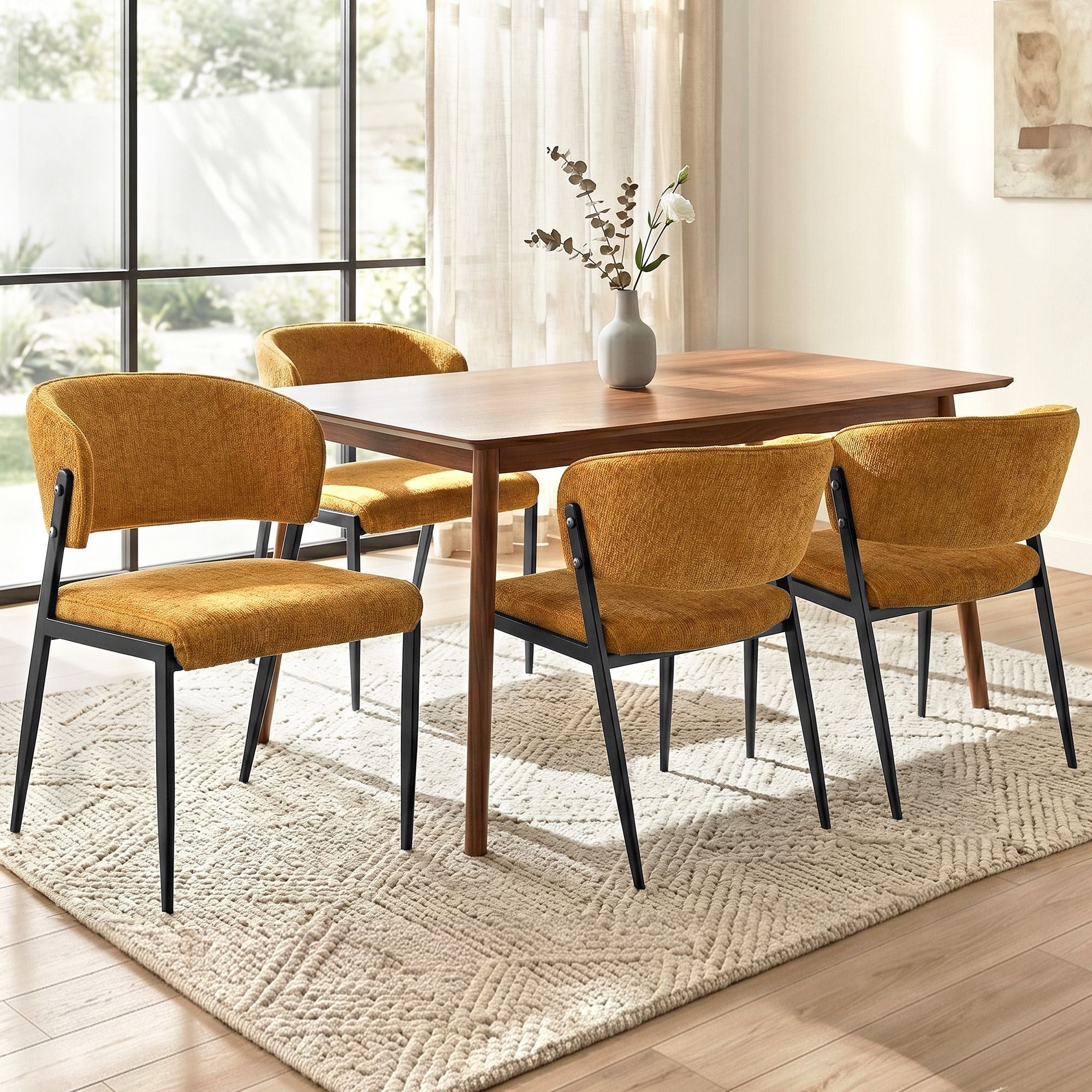 Set of 4 Linen Fabric Upholstered Dining Chairs - Mustard