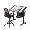 Drawing Table with Ergonomic Office Chair, Drafting Tables with Tempered Glass Desktop, Removable Drawers, Drafting Stool with Height Adjustable for Artwork Painting Studio