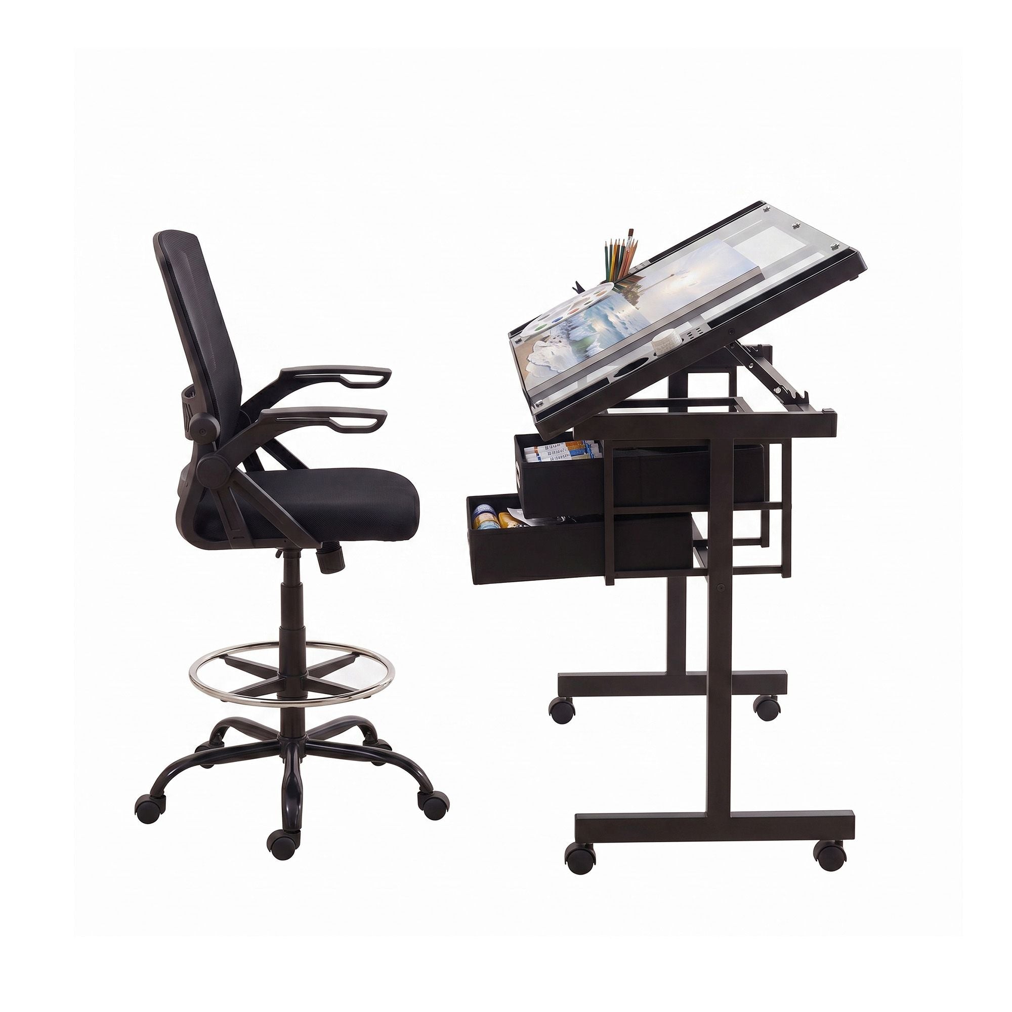 Drawing Table with Ergonomic Office Chair, Drafting Tables with Tempered Glass Desktop, Removable Drawers, Drafting Stool with Height Adjustable for Artwork Painting Studio