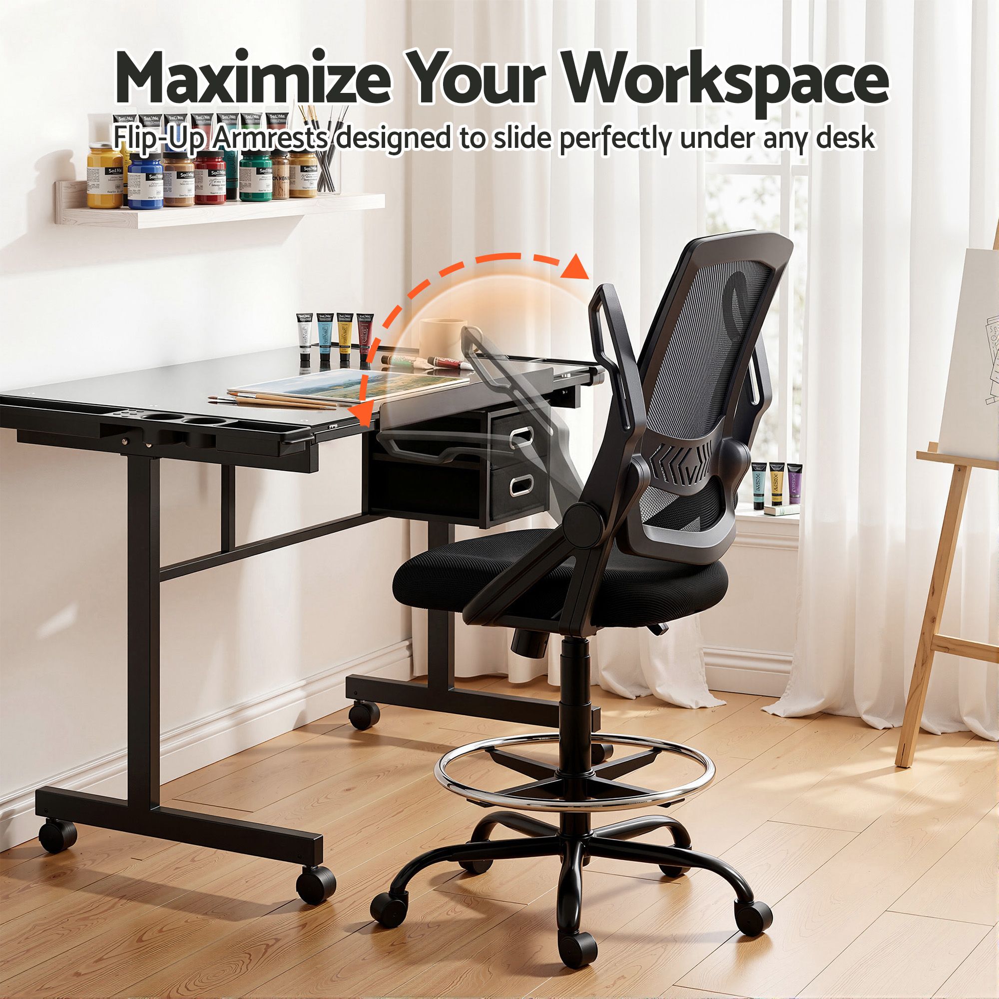 Drawing Table with Ergonomic Office Chair, Drafting Tables with Tempered Glass Desktop, Removable Drawers, Drafting Stool with Height Adjustable for Artwork Painting Studio