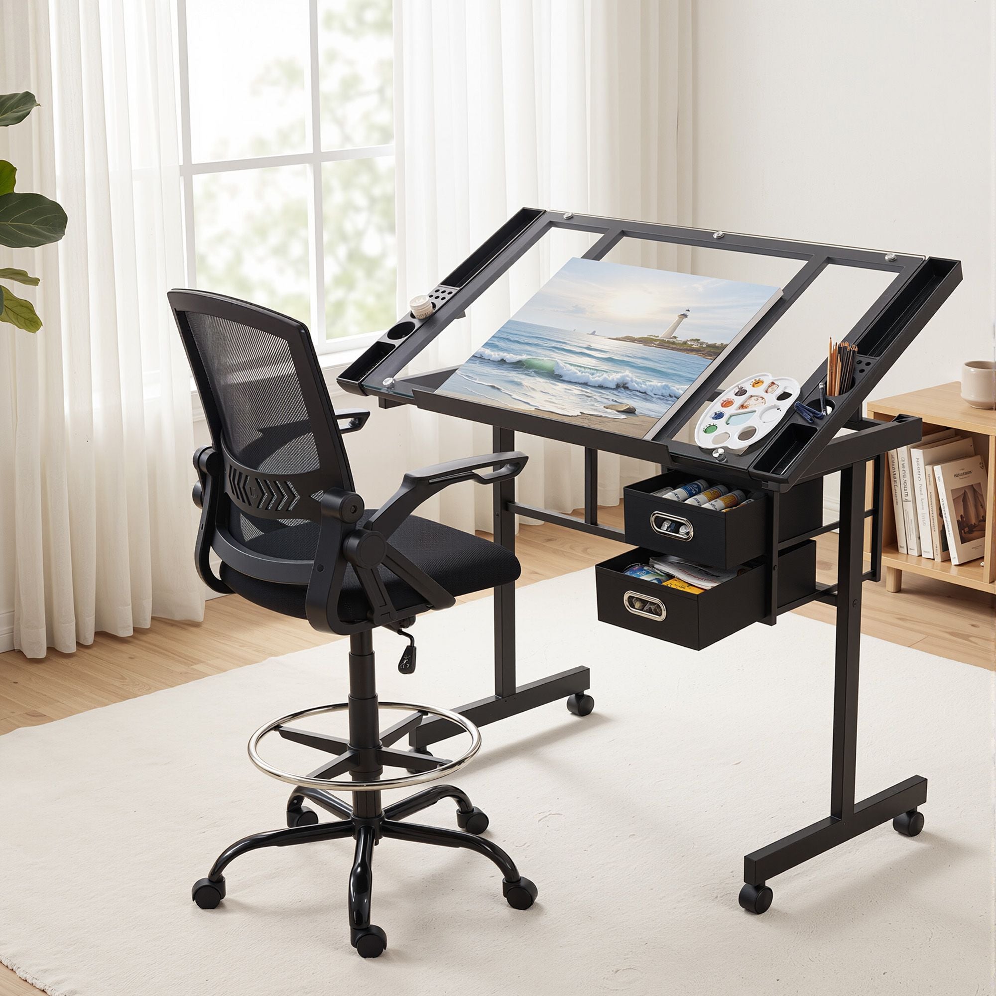Drawing Table with Ergonomic Office Chair, Drafting Tables with Tempered Glass Desktop, Removable Drawers, Drafting Stool with Height Adjustable for Artwork Painting Studio