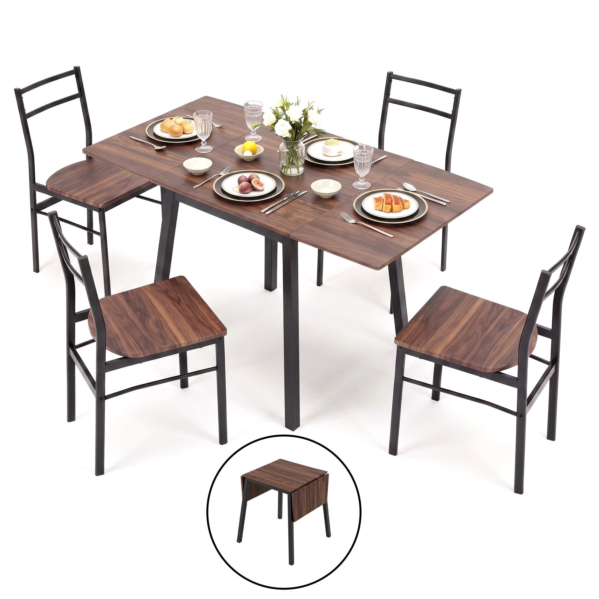 Dining Table and Chairs Set 5pcs with Extendable 60-120cm Drop-Leaf Table Brown