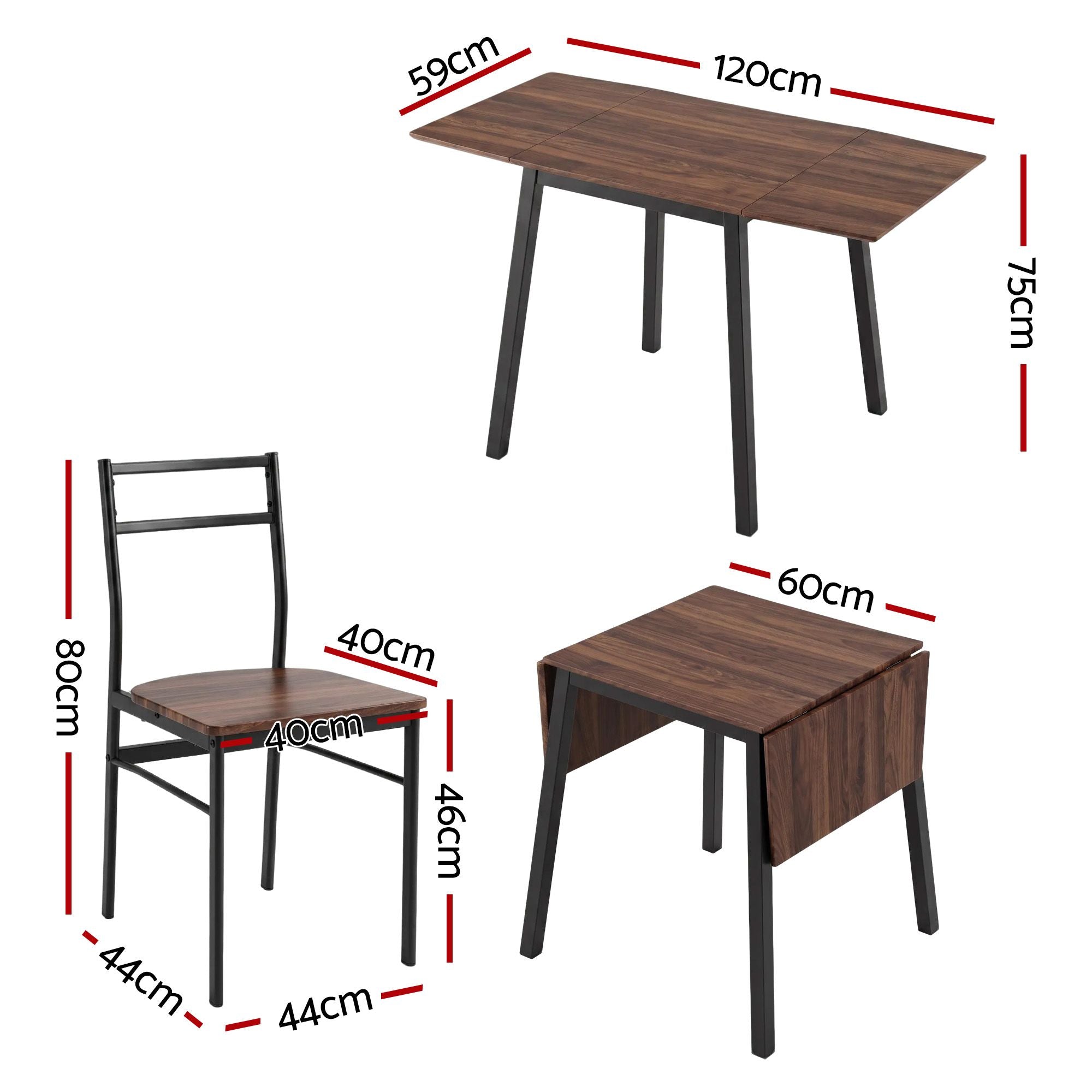 Dining Table and Chairs Set 5pcs with Extendable 60-120cm Drop-Leaf Table Brown