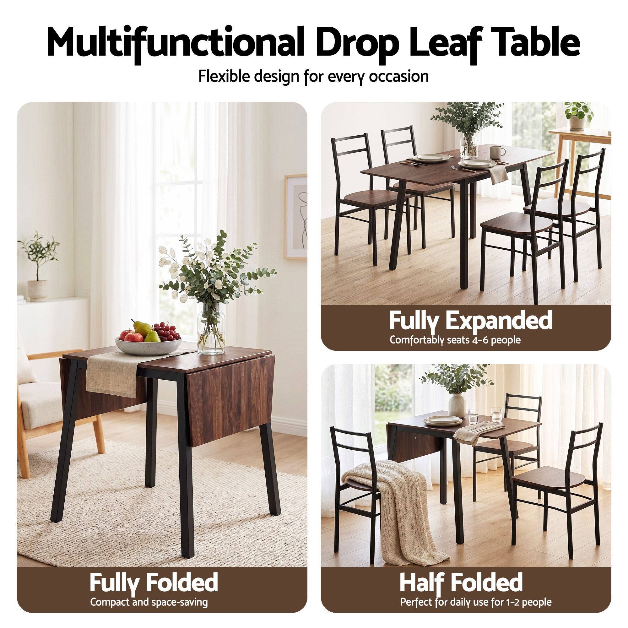 Dining Table and Chairs Set 5pcs with Extendable 60-120cm Drop-Leaf Table Brown