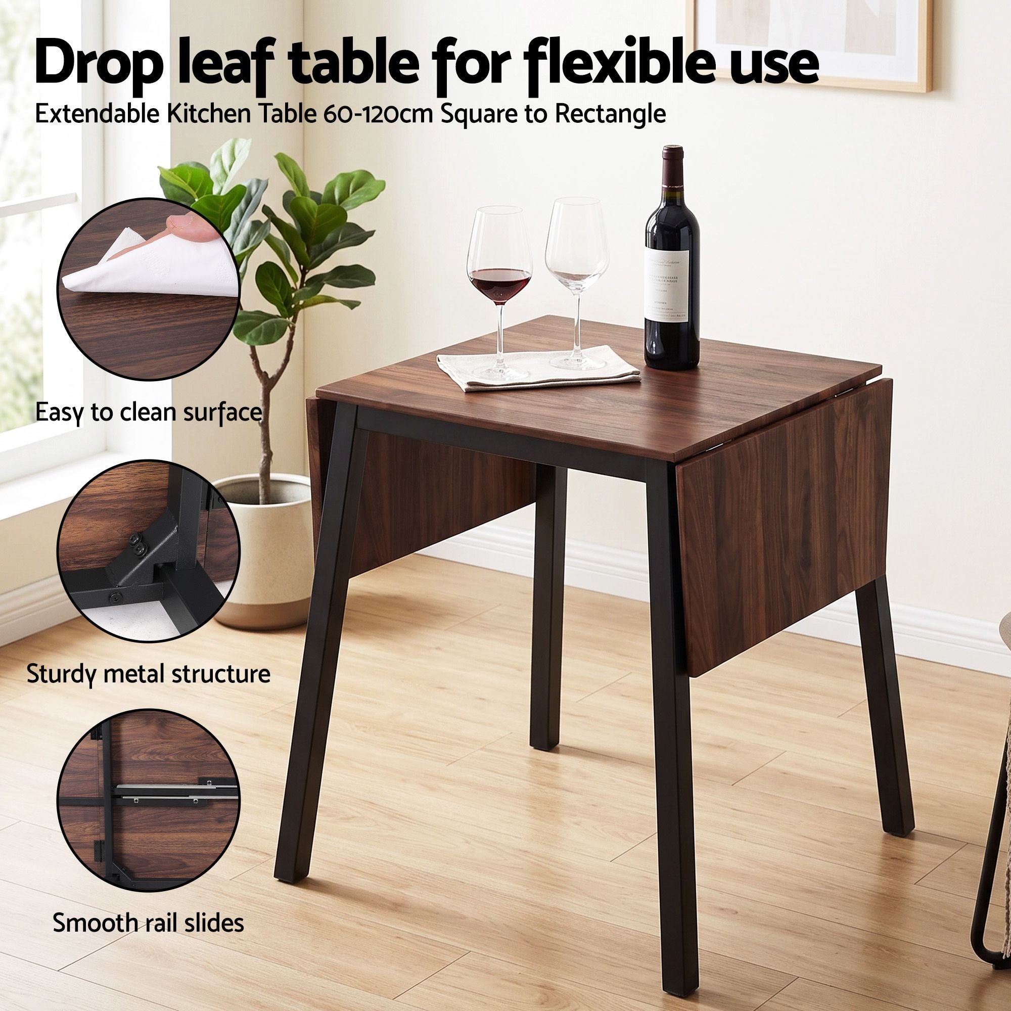 Dining Table and Chairs Set 5pcs with Extendable 60-120cm Drop-Leaf Table Brown