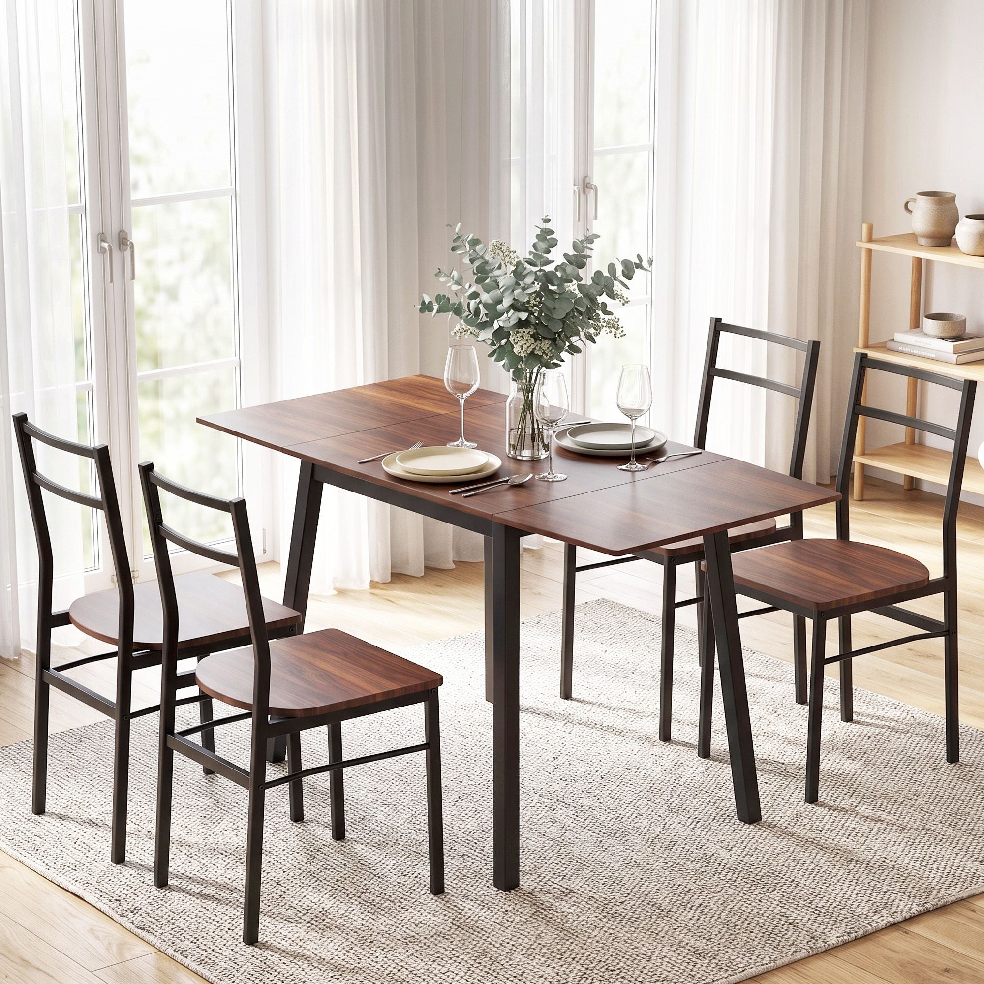 Dining Table and Chairs Set 5pcs with Extendable 60-120cm Drop-Leaf Table Brown