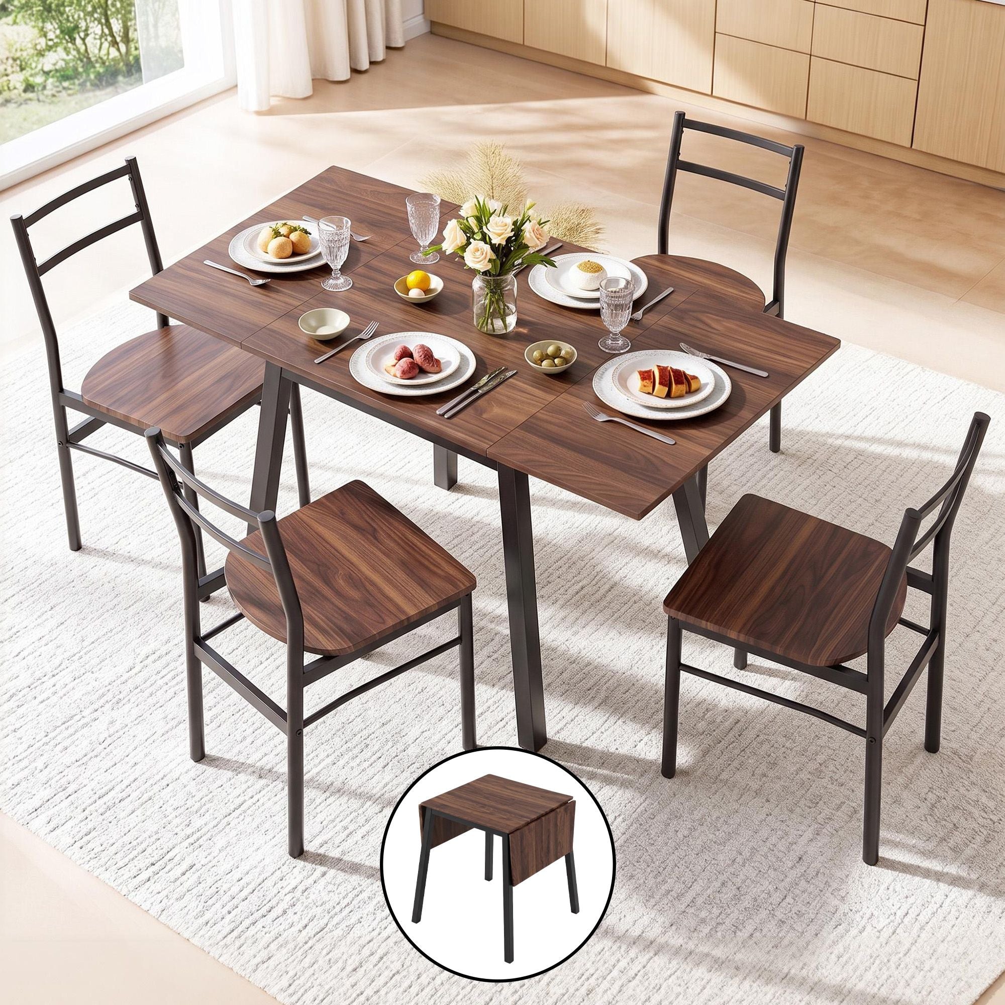 Dining Table and Chairs Set 5pcs with Extendable 60-120cm Drop-Leaf Table Brown