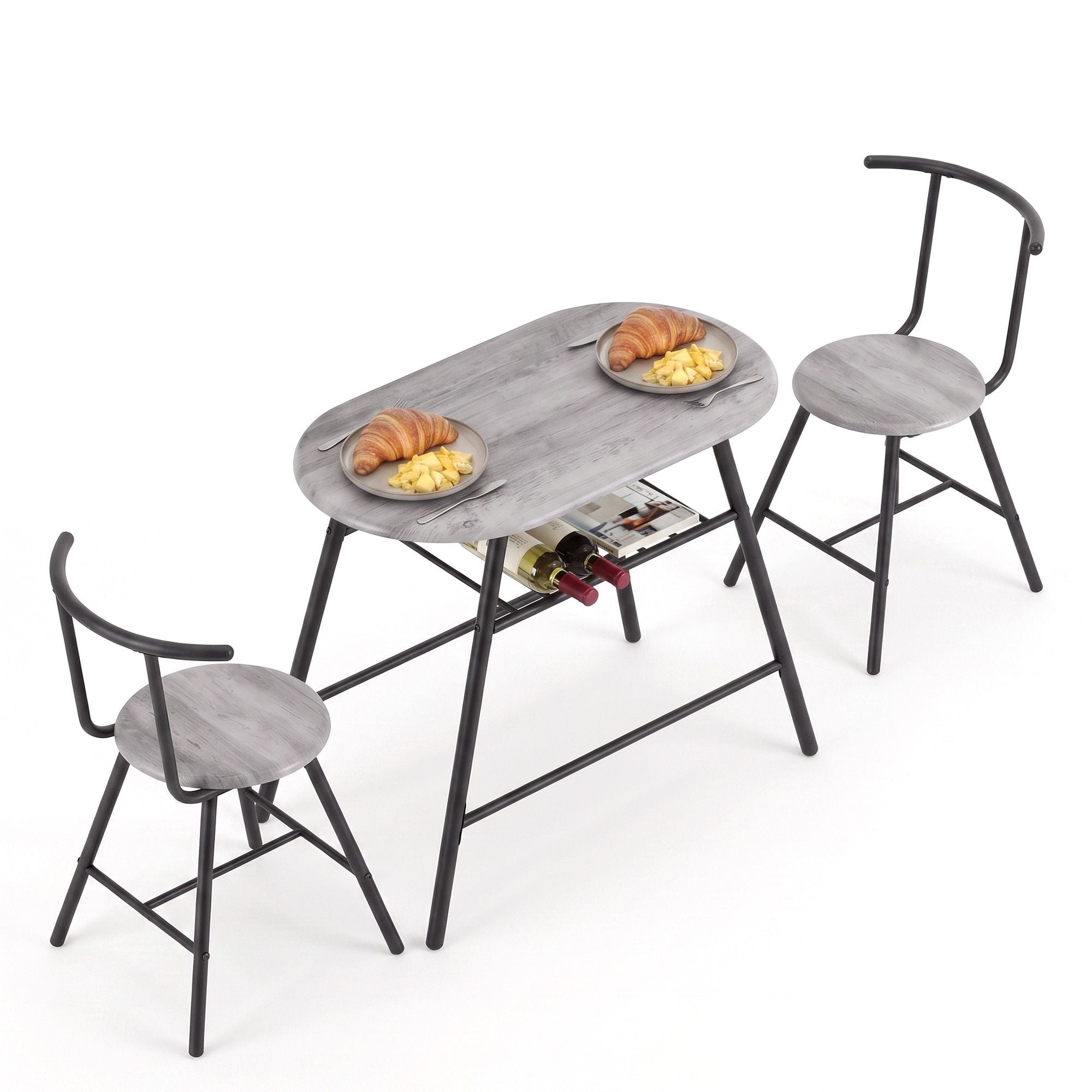 Oval Dining Table Set 3PC Space-Saving Bistro Kitchen Storage Wine Rack Grey