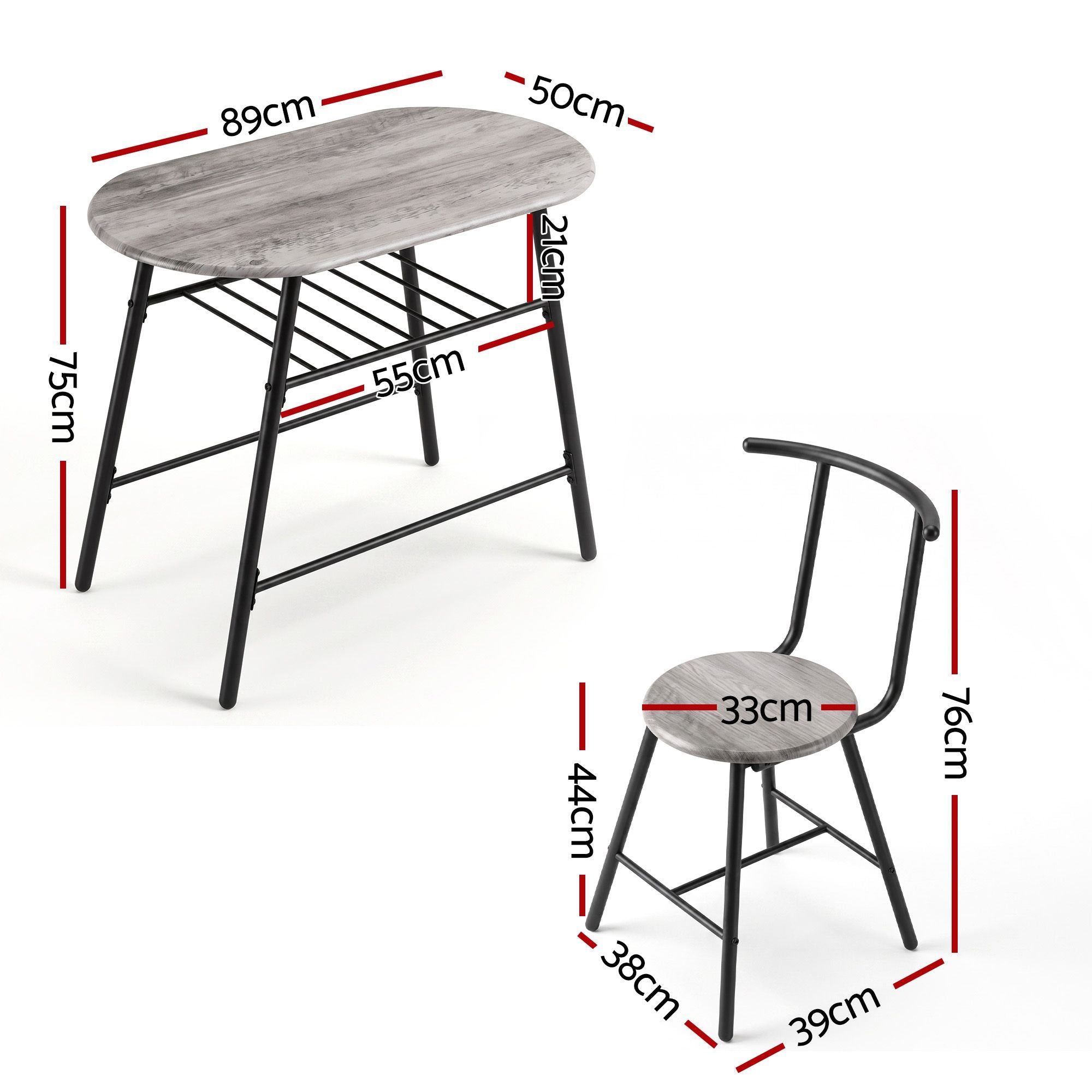 Oval Dining Table Set 3PC Space-Saving Bistro Kitchen Storage Wine Rack Grey