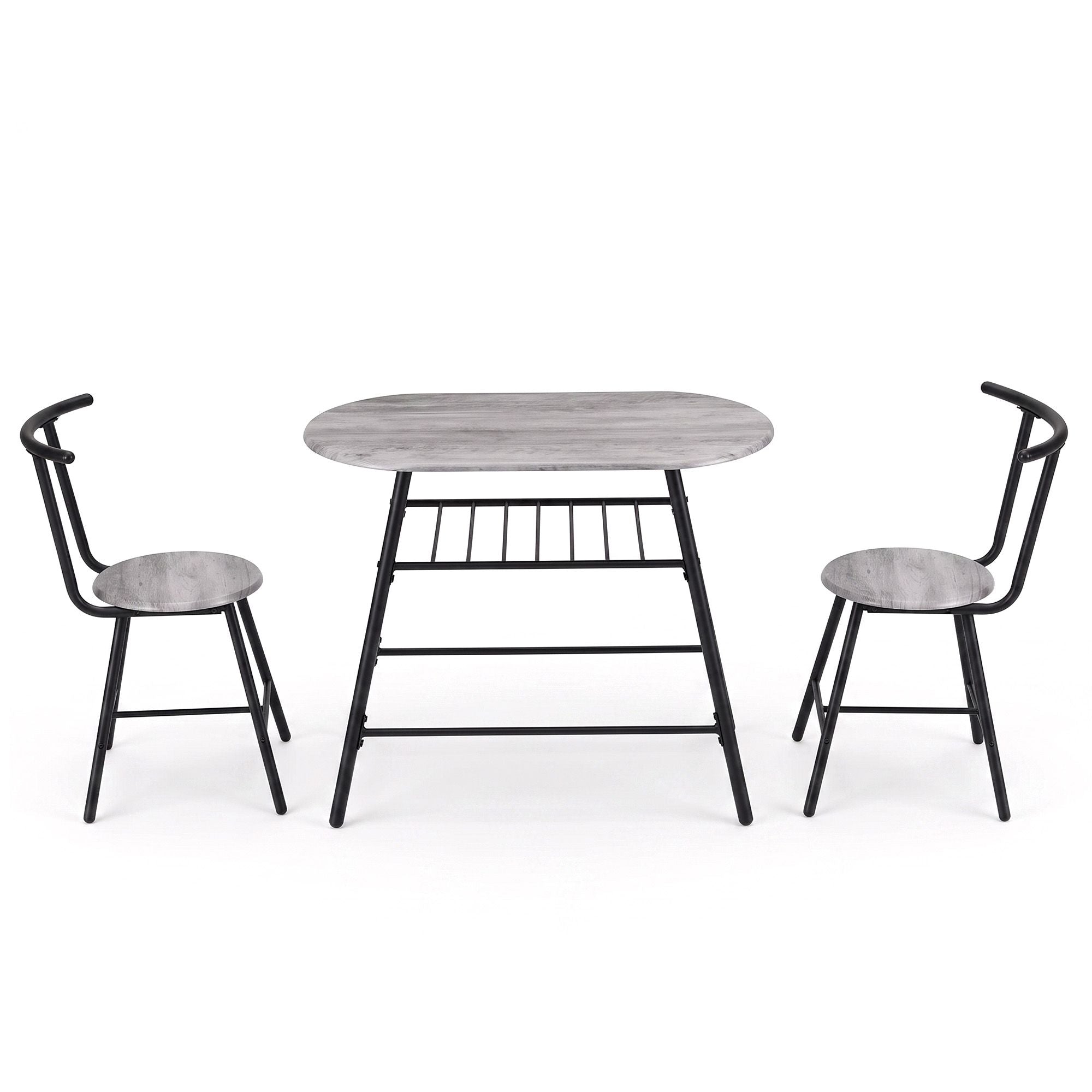 Oval Dining Table Set 3PC Space-Saving Bistro Kitchen Storage Wine Rack Grey
