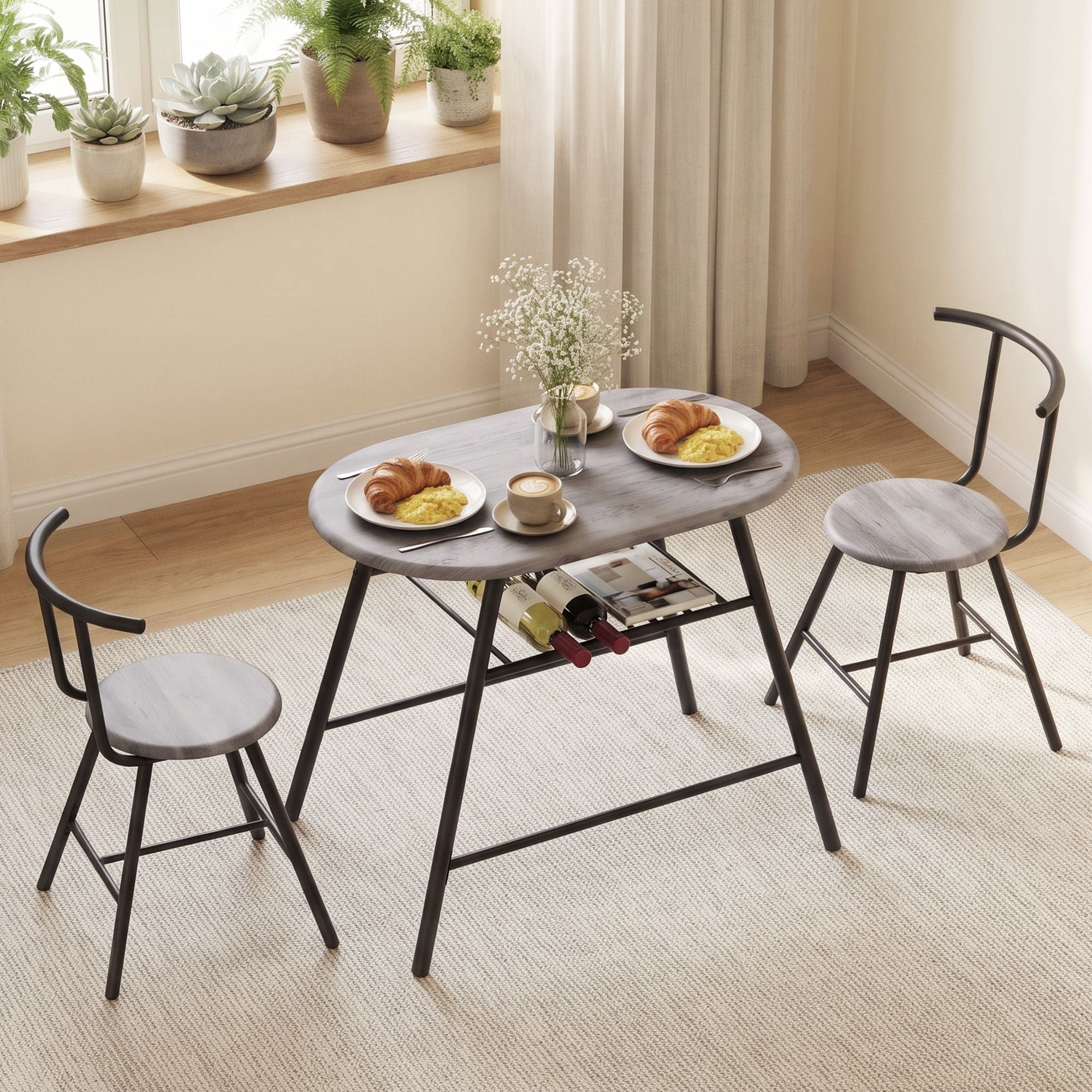 Oval Dining Table Set 3PC Space-Saving Bistro Kitchen Storage Wine Rack Grey