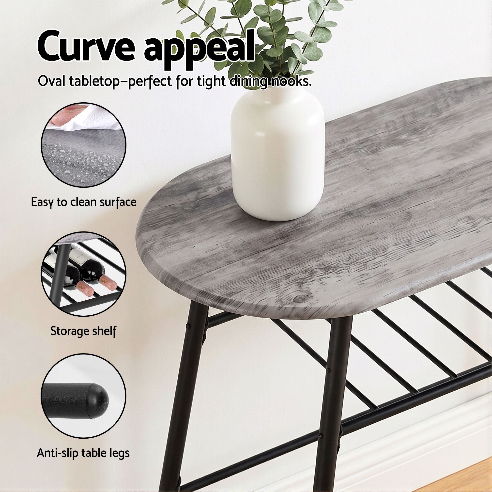 Oval Dining Table Set 3PC Space-Saving Bistro Kitchen Storage Wine Rack Grey