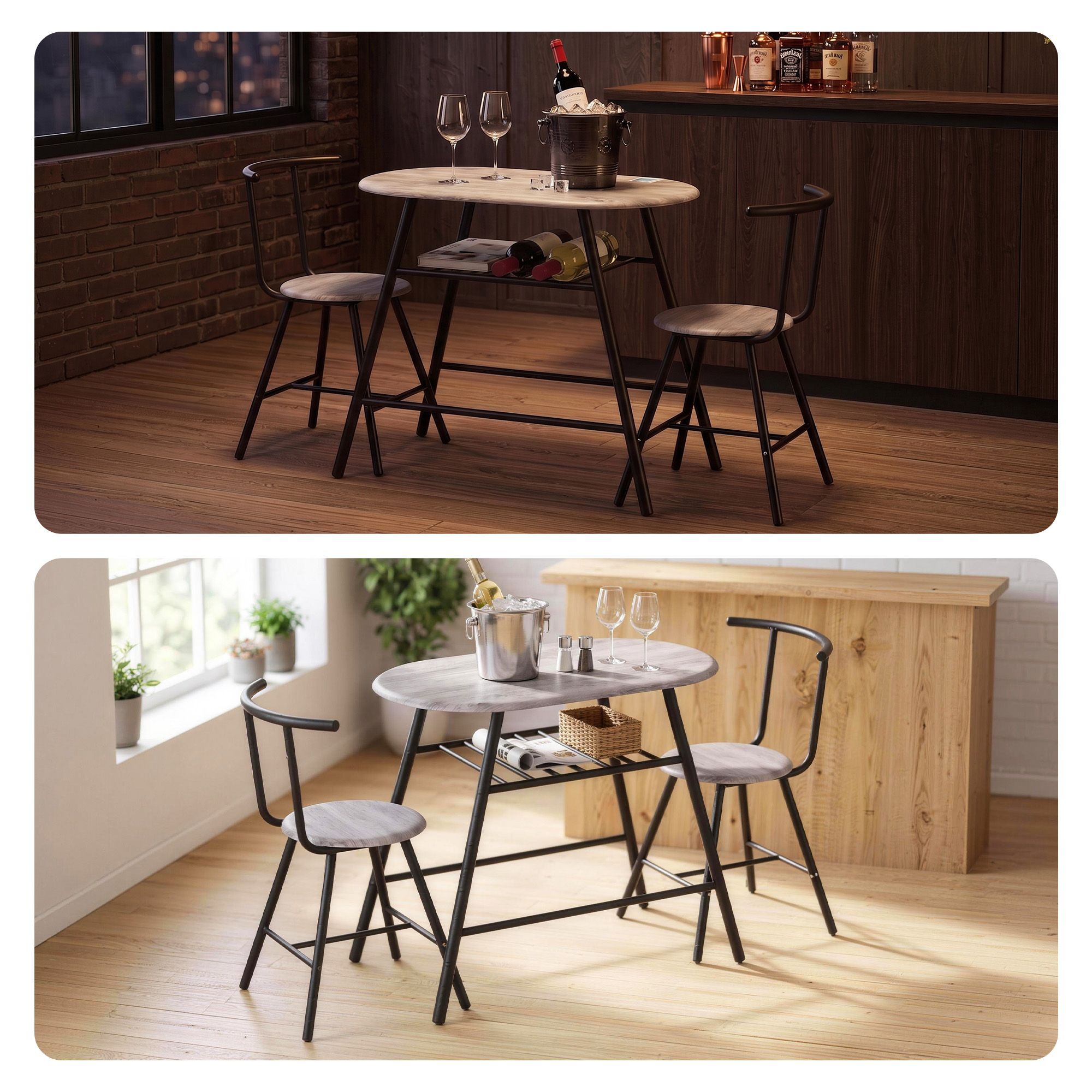 Oval Dining Table Set 3PC Space-Saving Bistro Kitchen Storage Wine Rack Grey