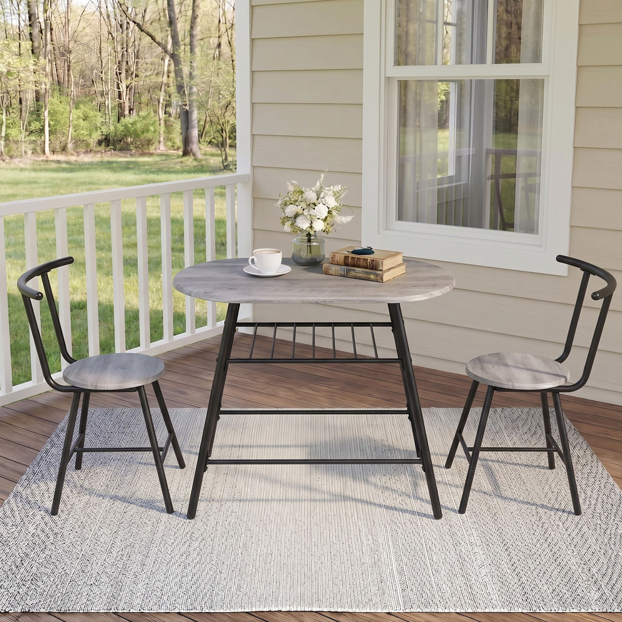 Oval Dining Table Set 3PC Space-Saving Bistro Kitchen Storage Wine Rack Grey