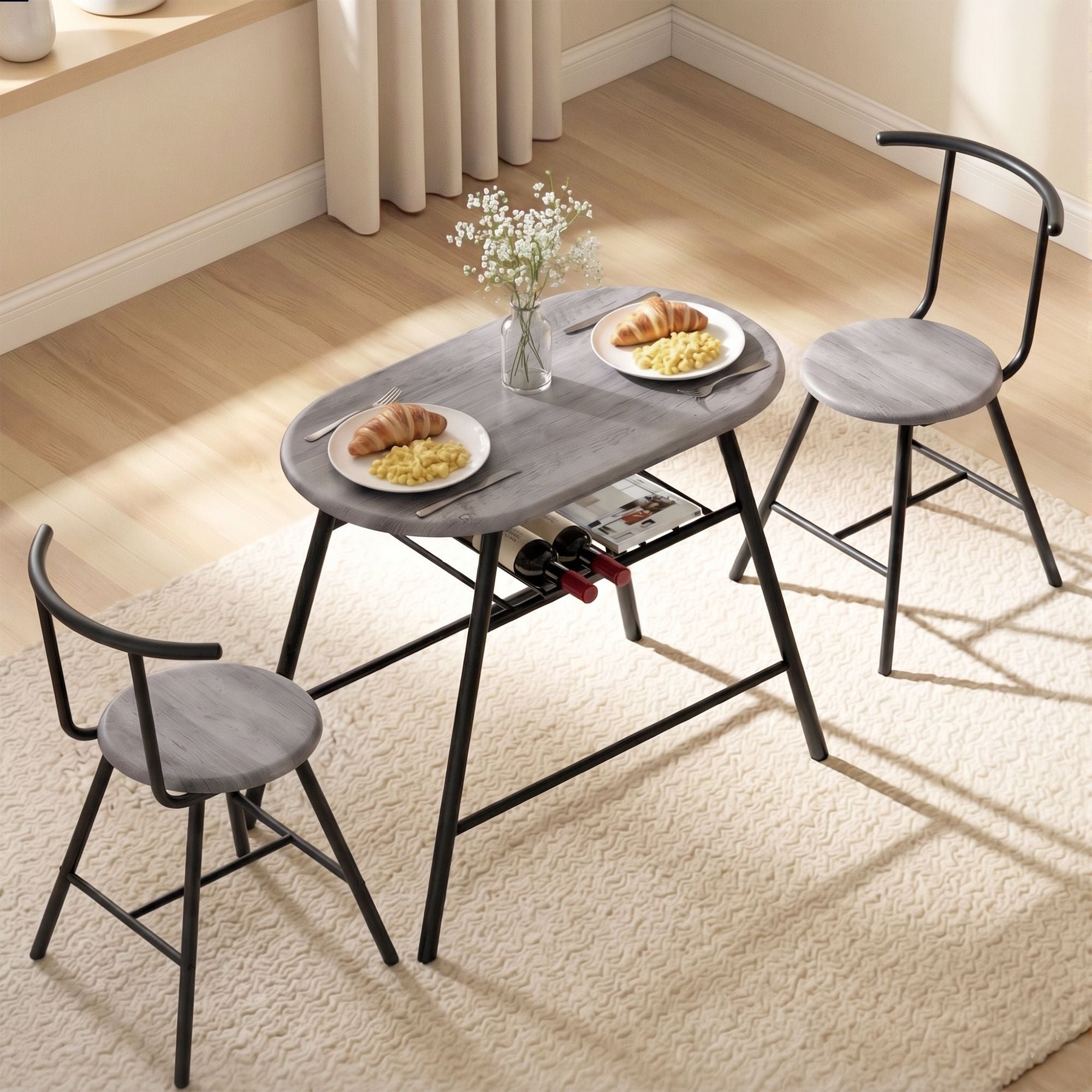 Oval Dining Table Set 3PC Space-Saving Bistro Kitchen Storage Wine Rack Grey
