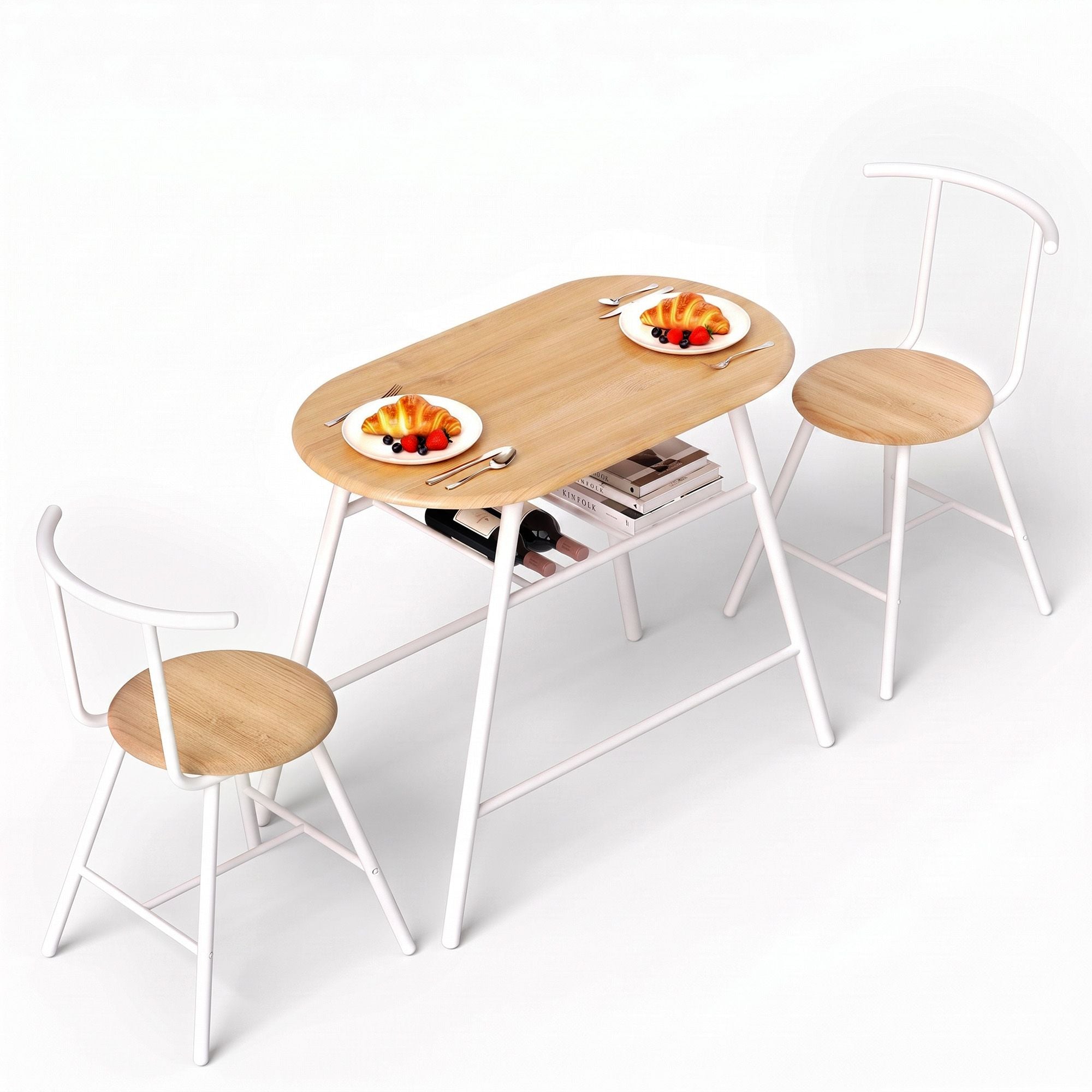 Oval Dining Table Set 3PC Space-Saving Bistro Kitchen Storage Wine Rack Natural White