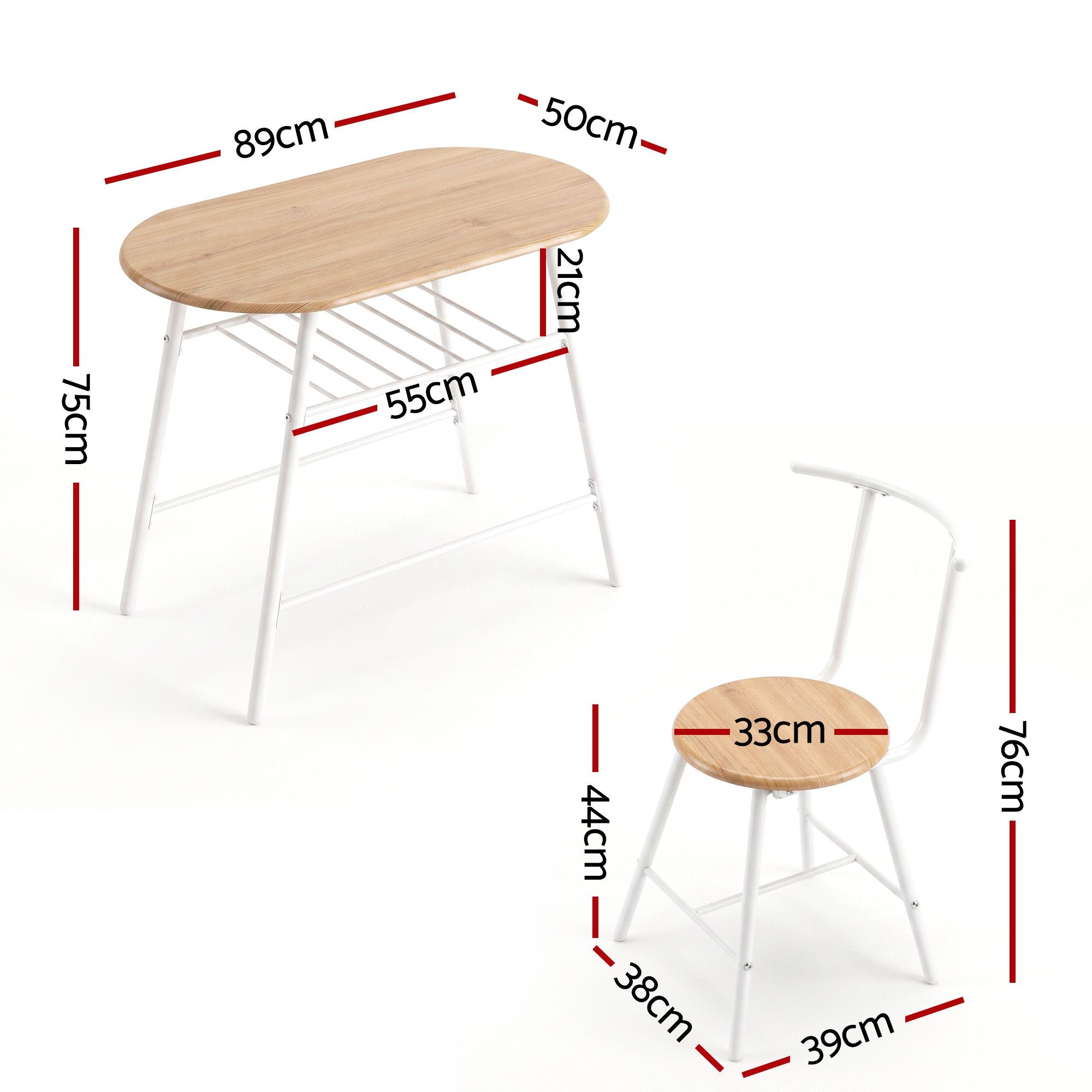 Oval Dining Table Set 3PC Space-Saving Bistro Kitchen Storage Wine Rack Natural White