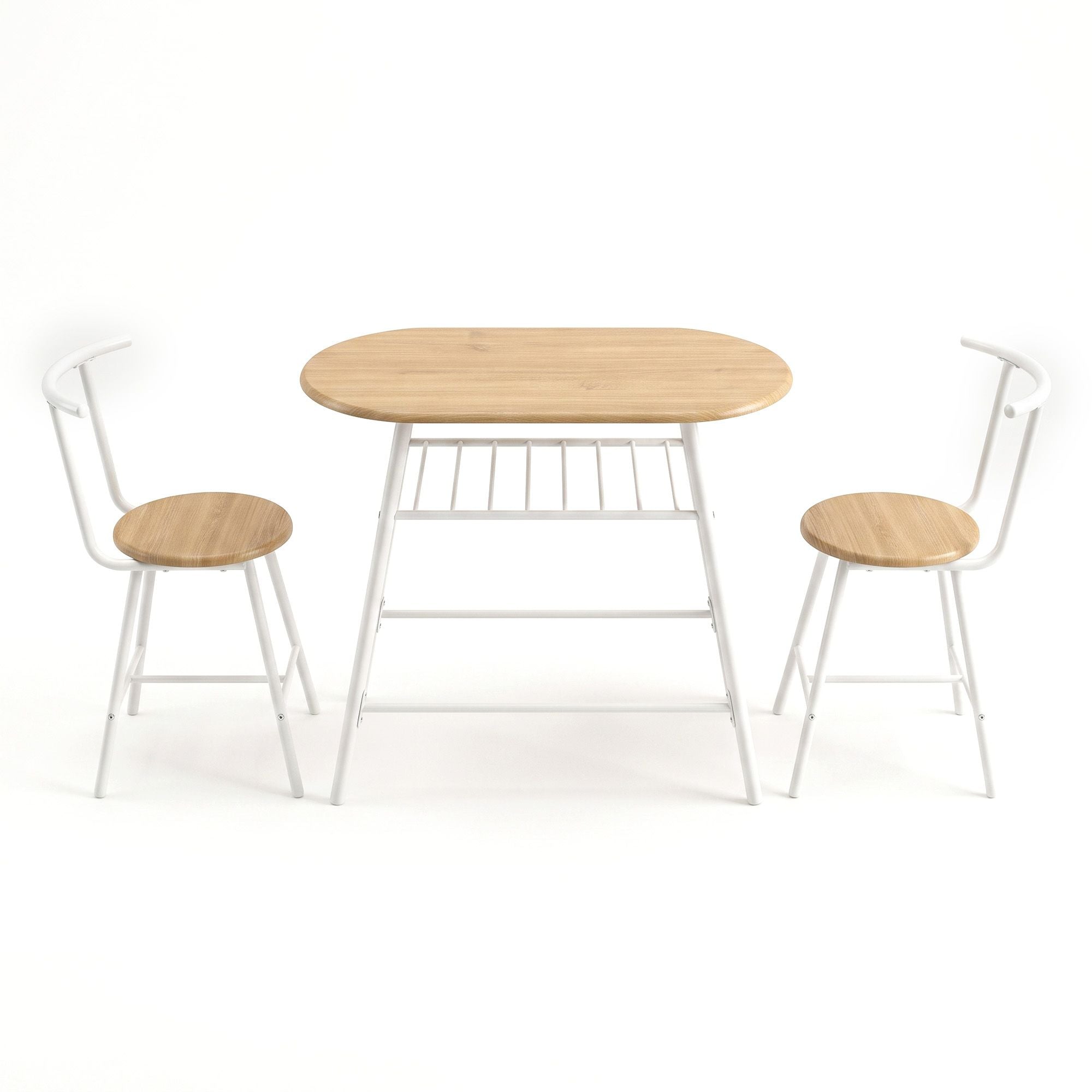 Oval Dining Table Set 3PC Space-Saving Bistro Kitchen Storage Wine Rack Natural White