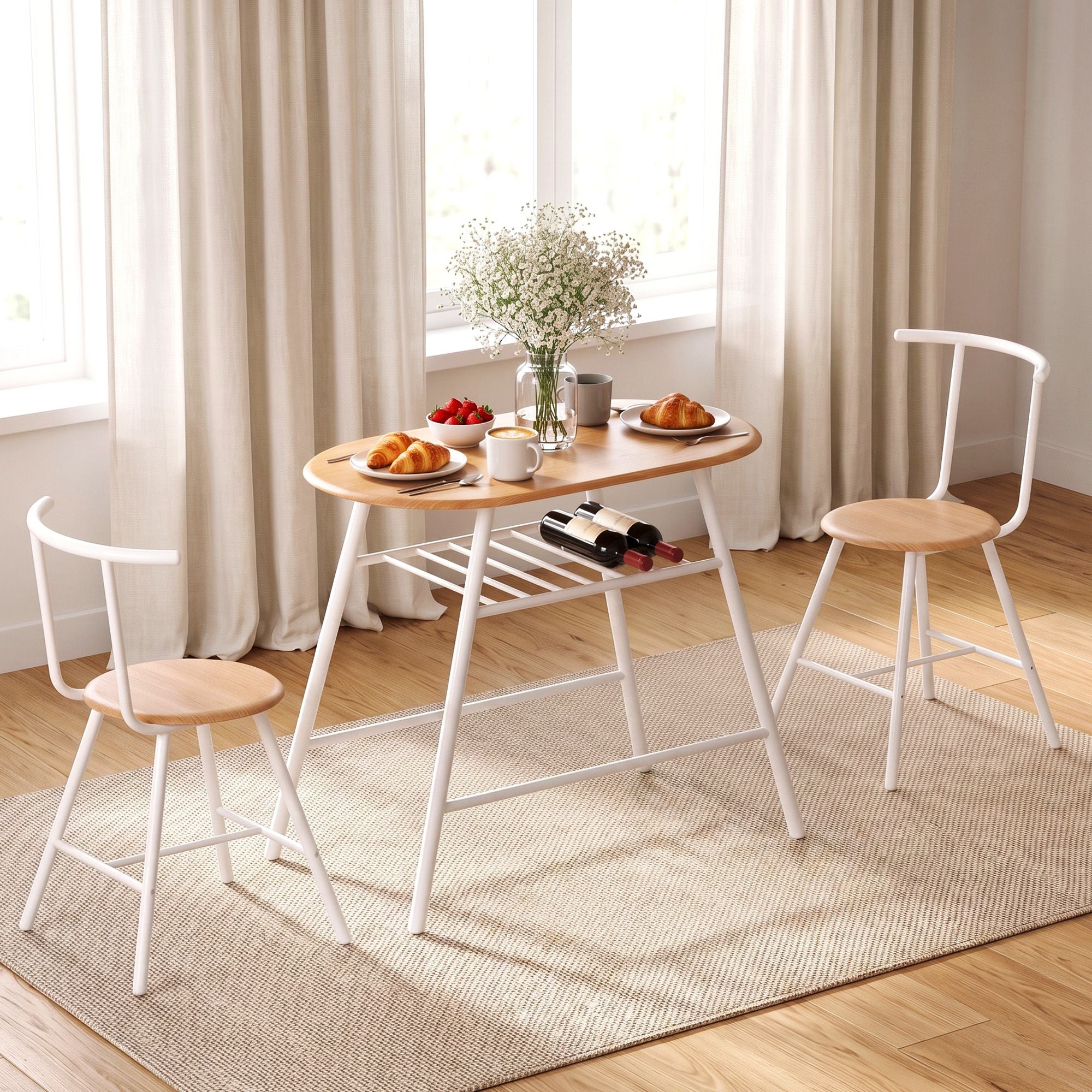 Oval Dining Table Set 3PC Space-Saving Bistro Kitchen Storage Wine Rack Natural White