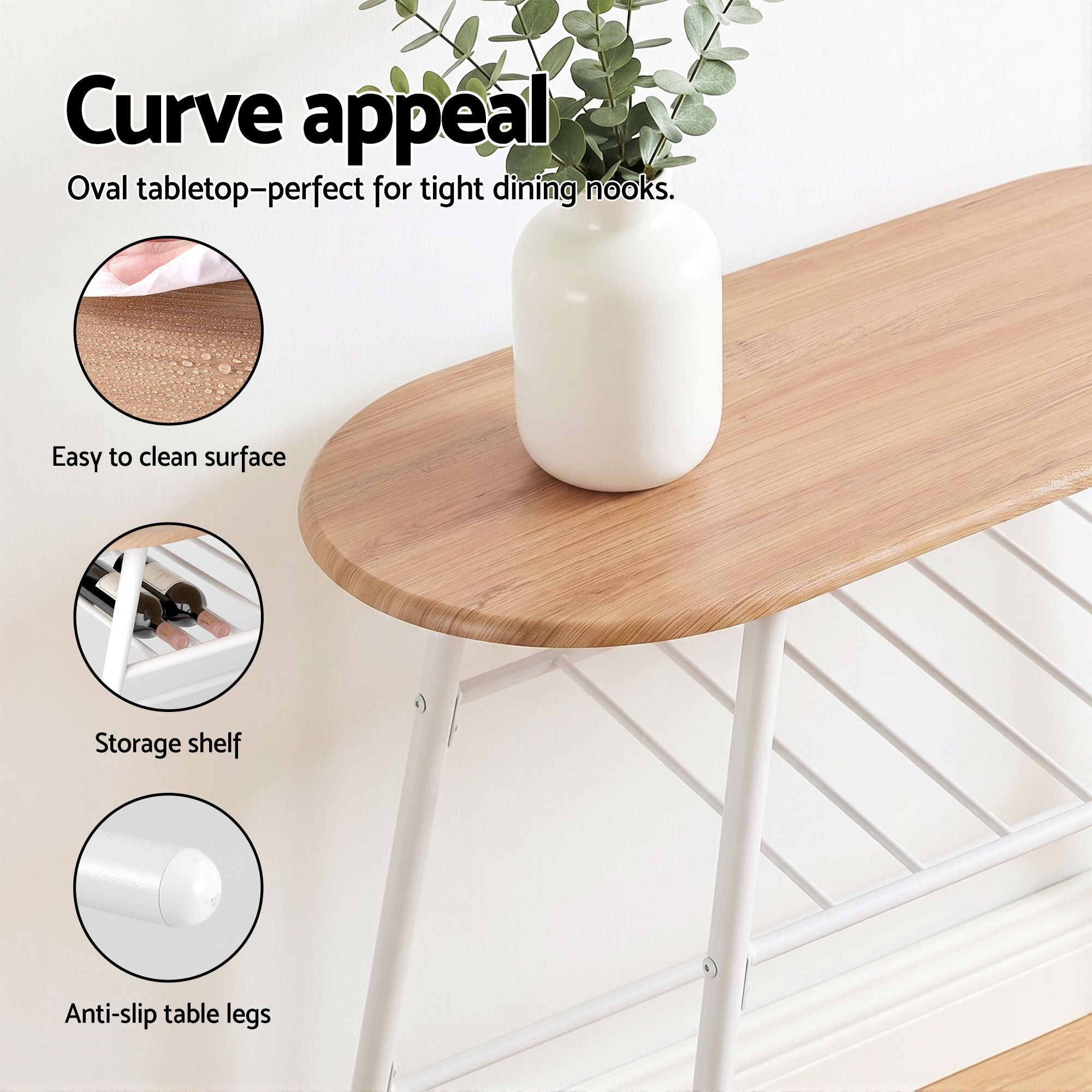 Oval Dining Table Set 3PC Space-Saving Bistro Kitchen Storage Wine Rack Natural White