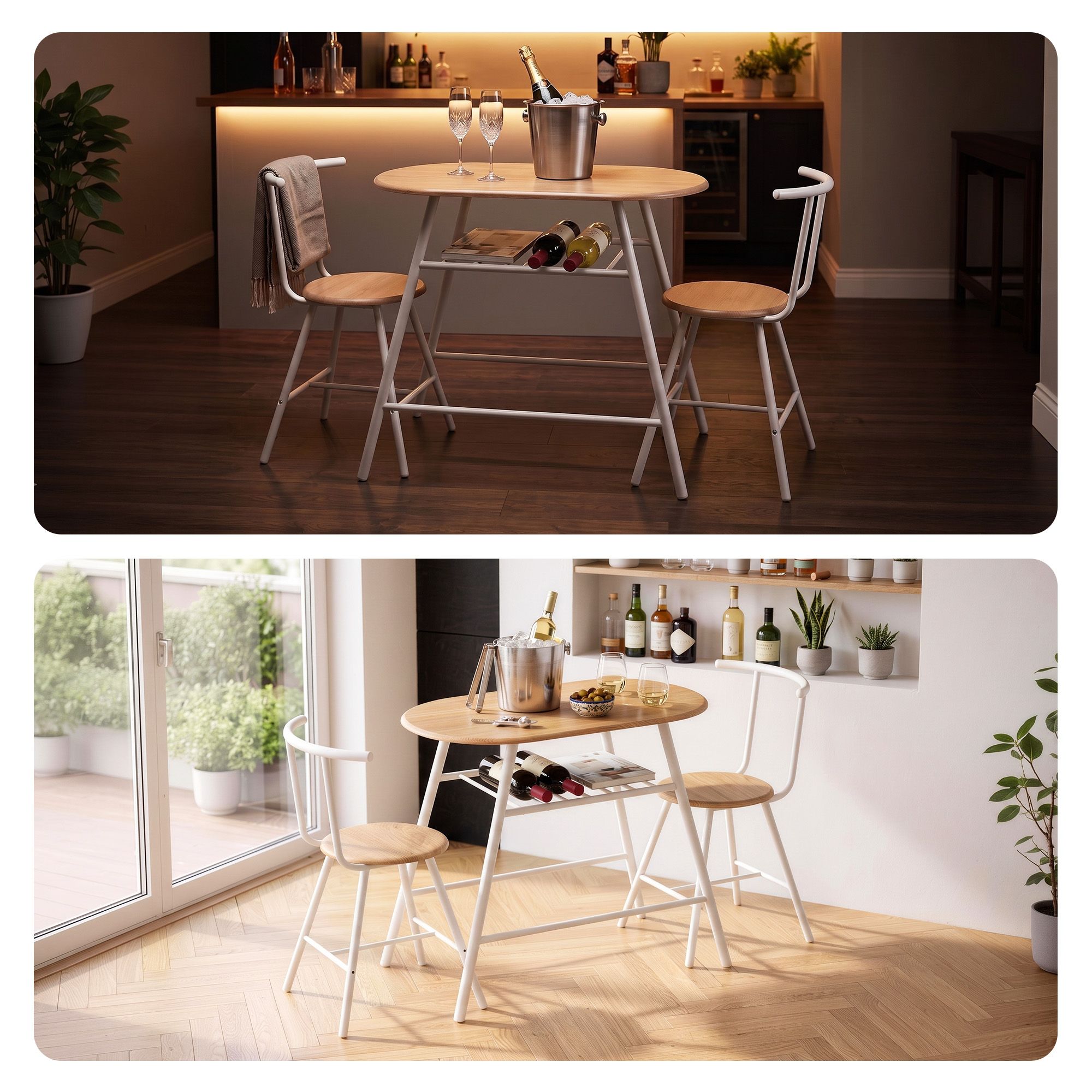 Oval Dining Table Set 3PC Space-Saving Bistro Kitchen Storage Wine Rack Natural White