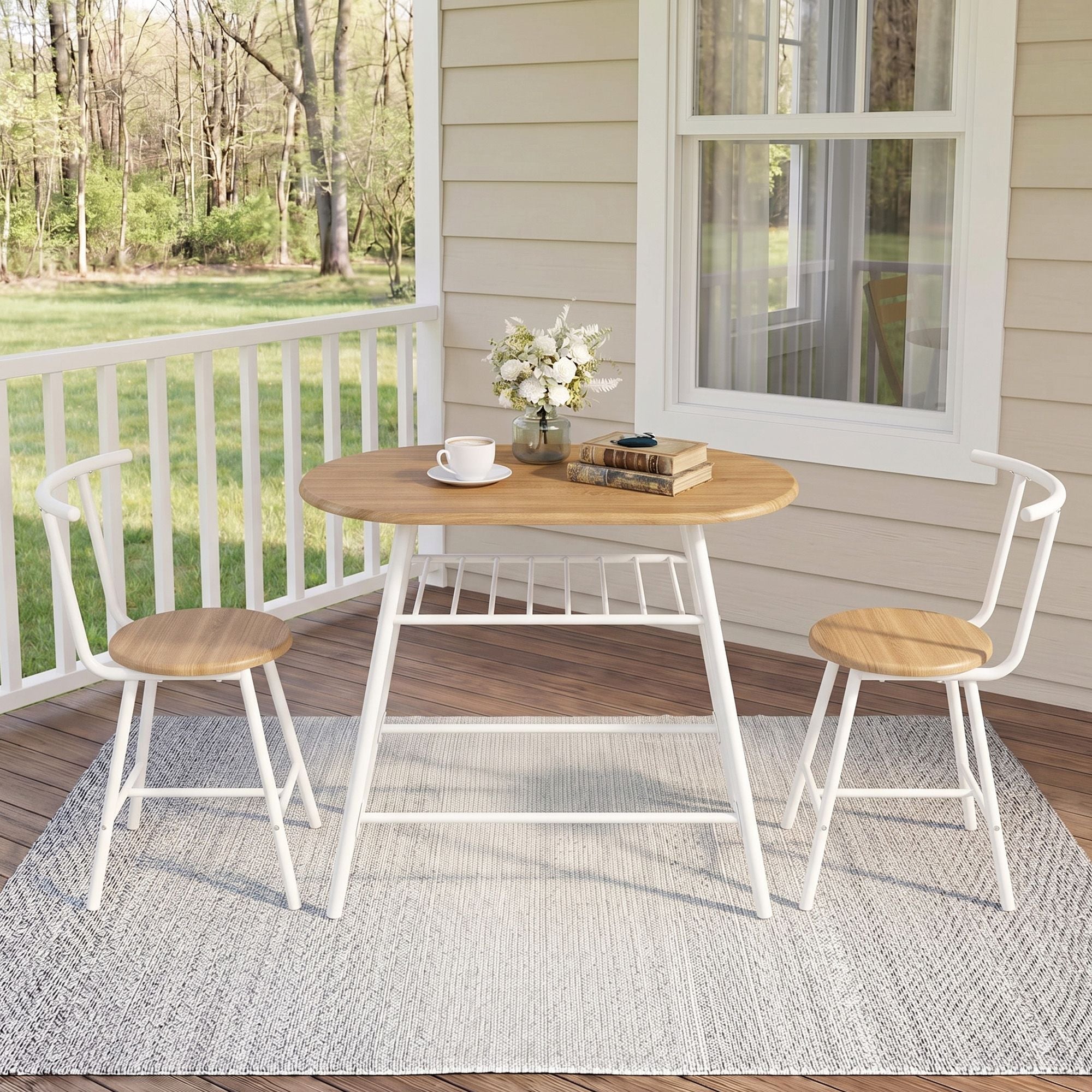 Oval Dining Table Set 3PC Space-Saving Bistro Kitchen Storage Wine Rack Natural White