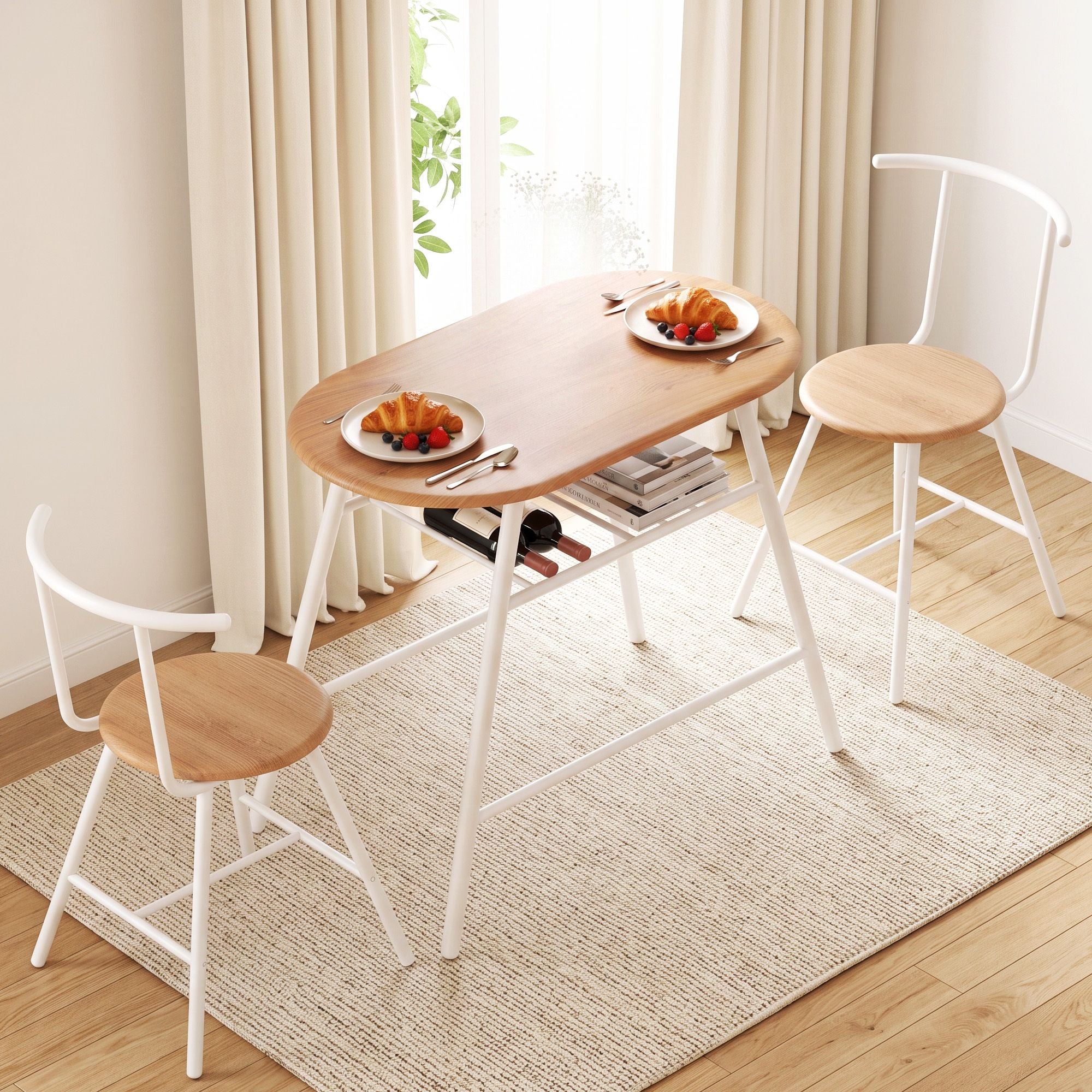Oval Dining Table Set 3PC Space-Saving Bistro Kitchen Storage Wine Rack Natural White