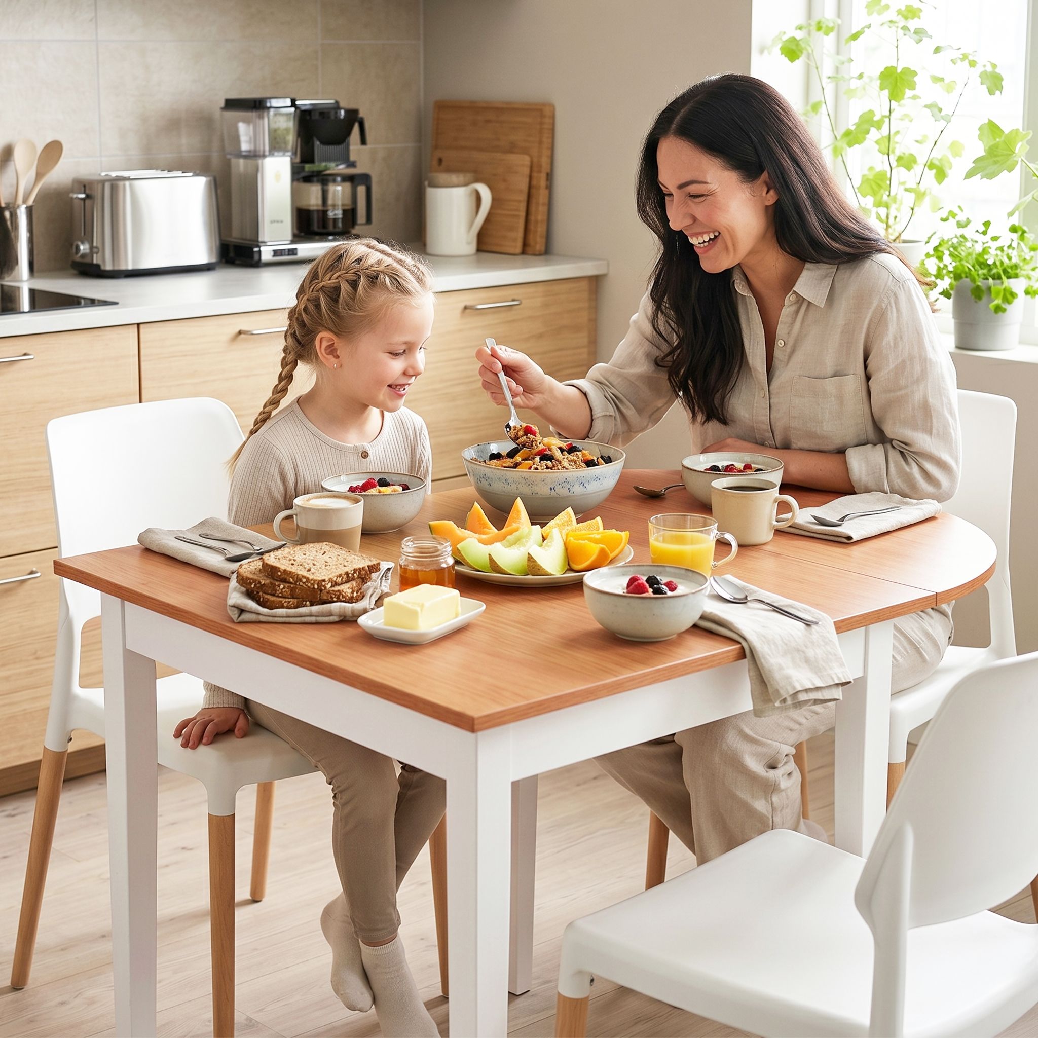 Dining Table and Chairs Set 5PCS, 75-110cm Drop-Leaf Table, with 4 Dining Chairs White Wooden, 4 Seater Dining Table Set for Kitchen, Apartment, Café