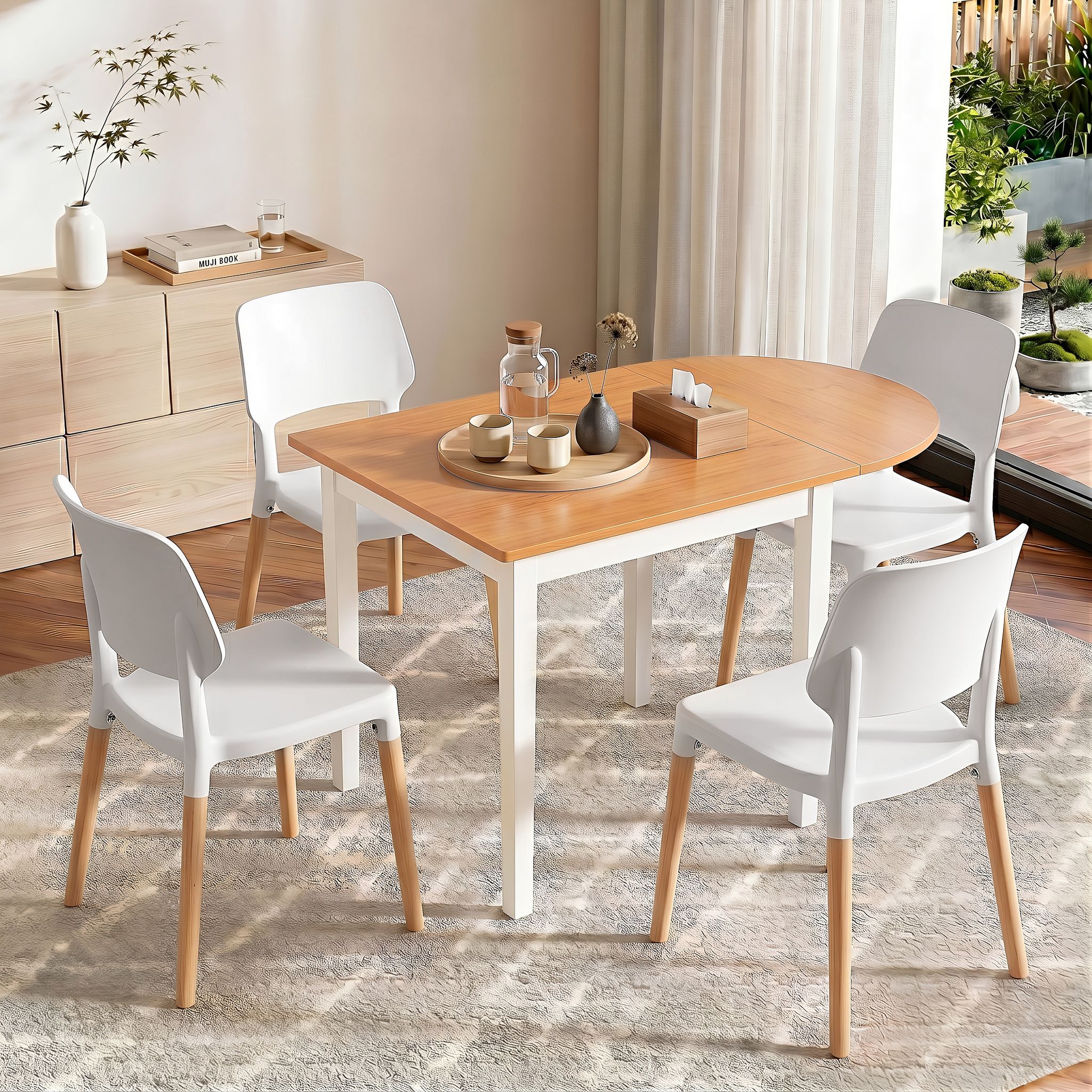 Dining Table and Chairs Set 5PCS, 75-110cm Drop-Leaf Table, with 4 Dining Chairs White Wooden, 4 Seater Dining Table Set for Kitchen, Apartment, Café