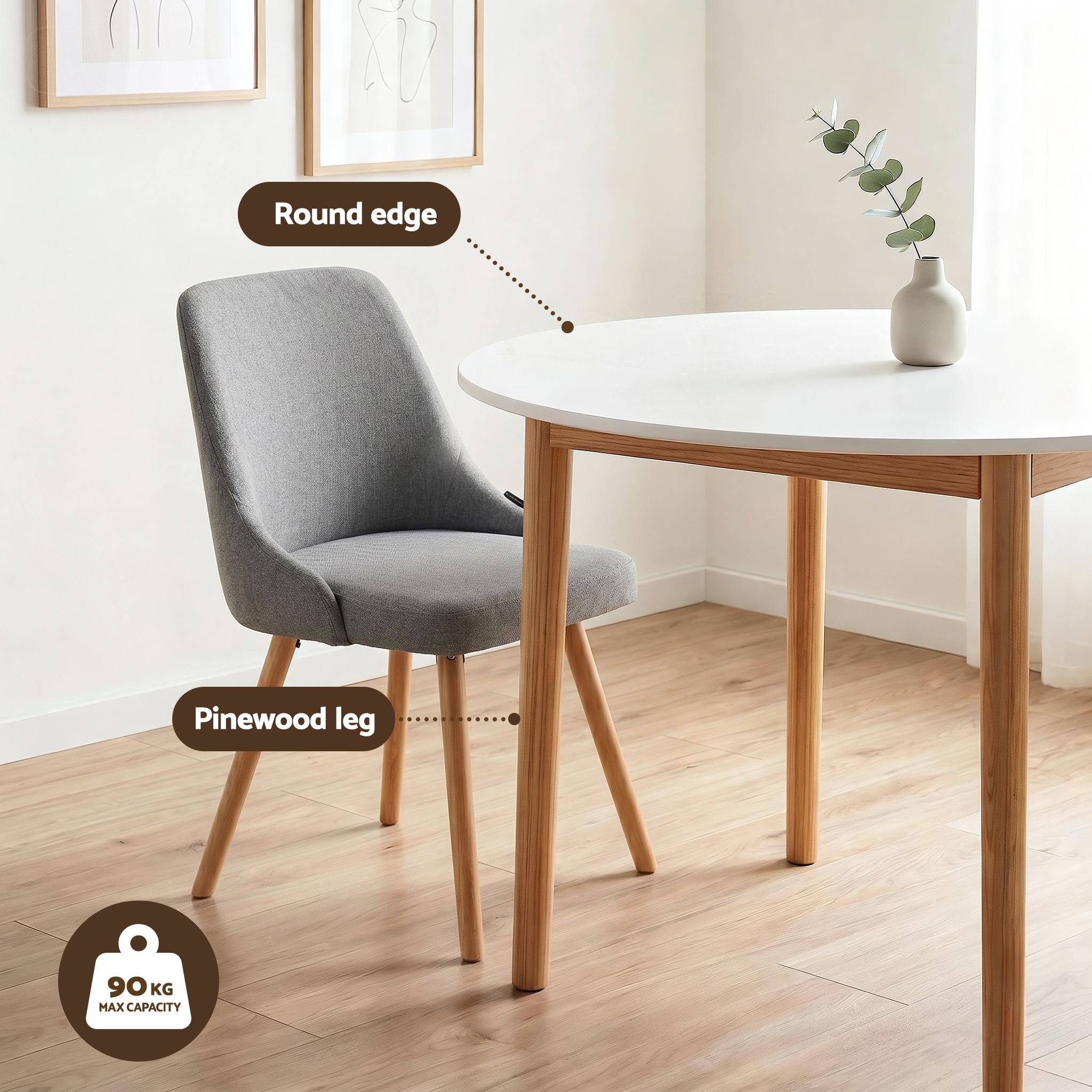 Round Dining Table and Chairs Set 5pcs Compact Kitchen Furniture White Natural Wood & Grey