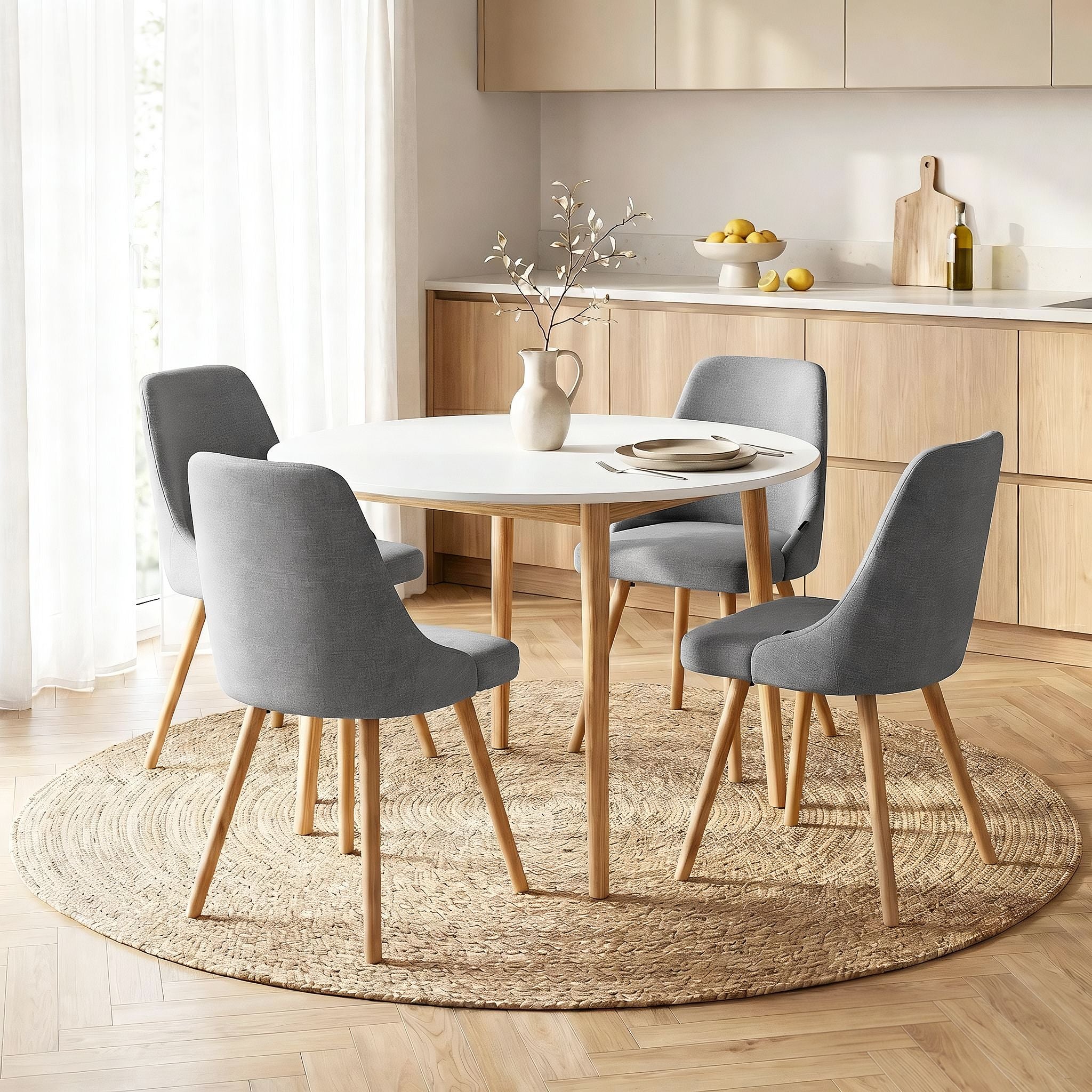 Round Dining Table and Chairs Set 5pcs Compact Kitchen Furniture White Natural Wood & Grey