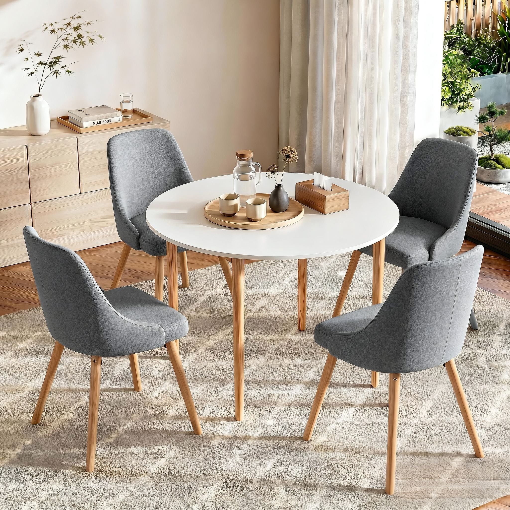 Round Dining Table and Chairs Set 5pcs Compact Kitchen Furniture White Natural Wood & Grey
