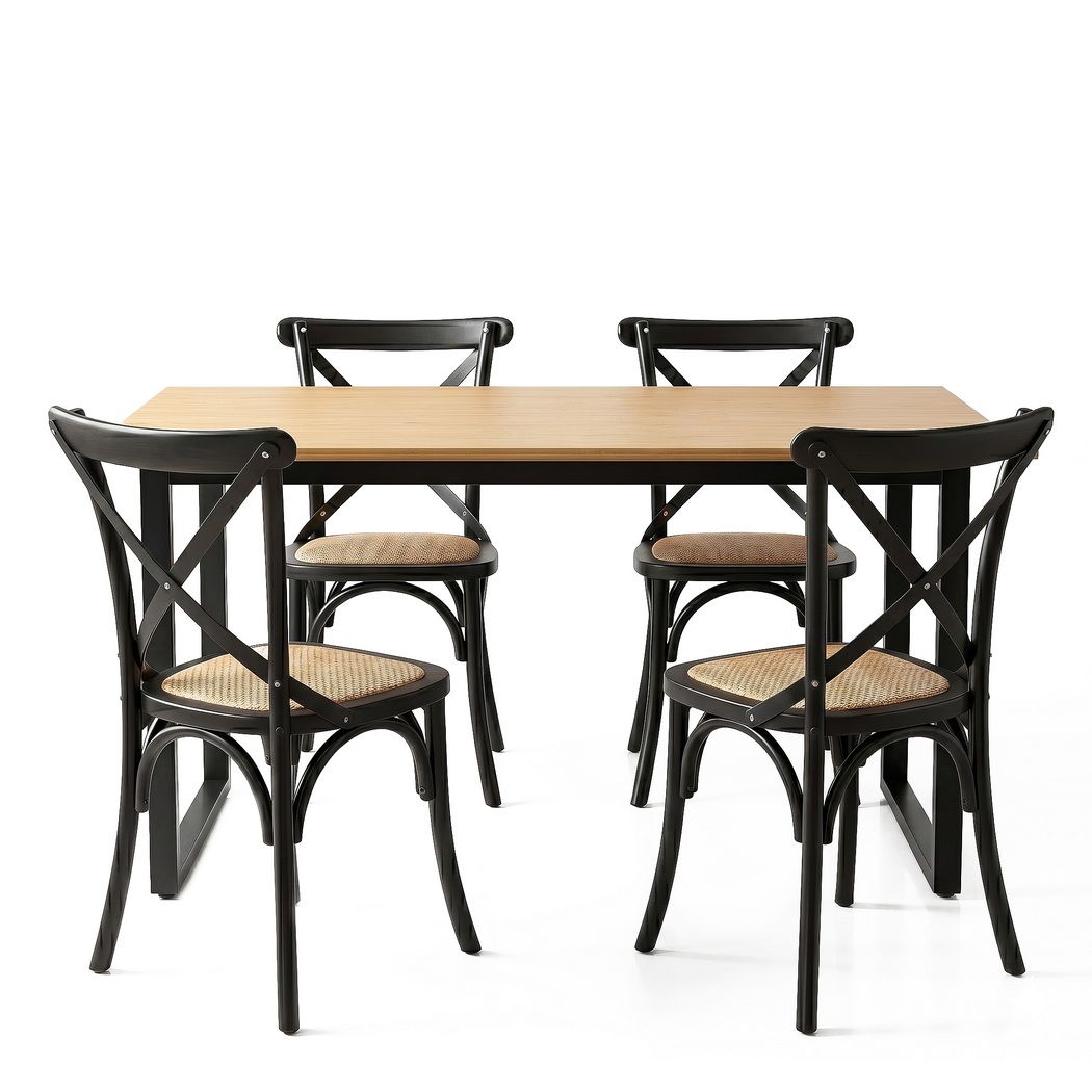 5PCS Industrial Dining Table and 4 Rattan Chairs Set 150x90cm - Black