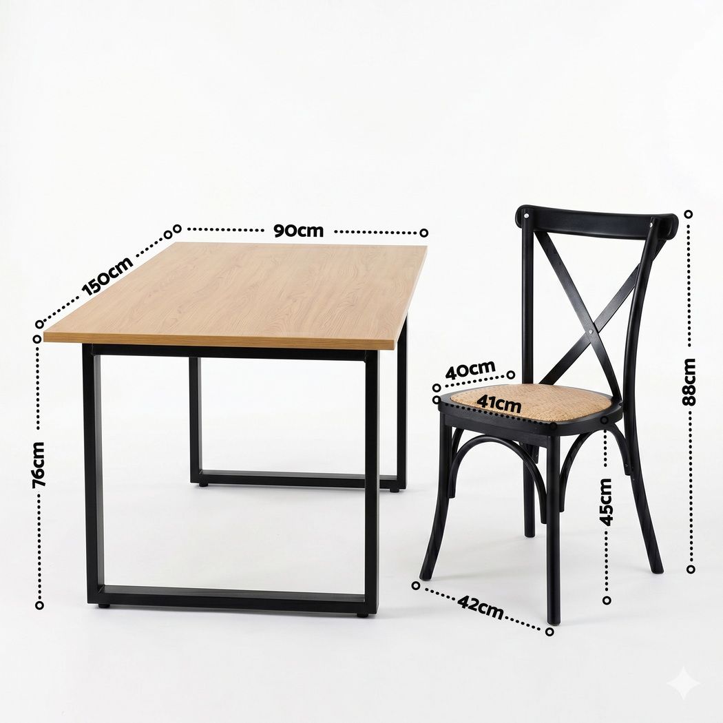 5PCS Industrial Dining Table and 4 Rattan Chairs Set 150x90cm - Black