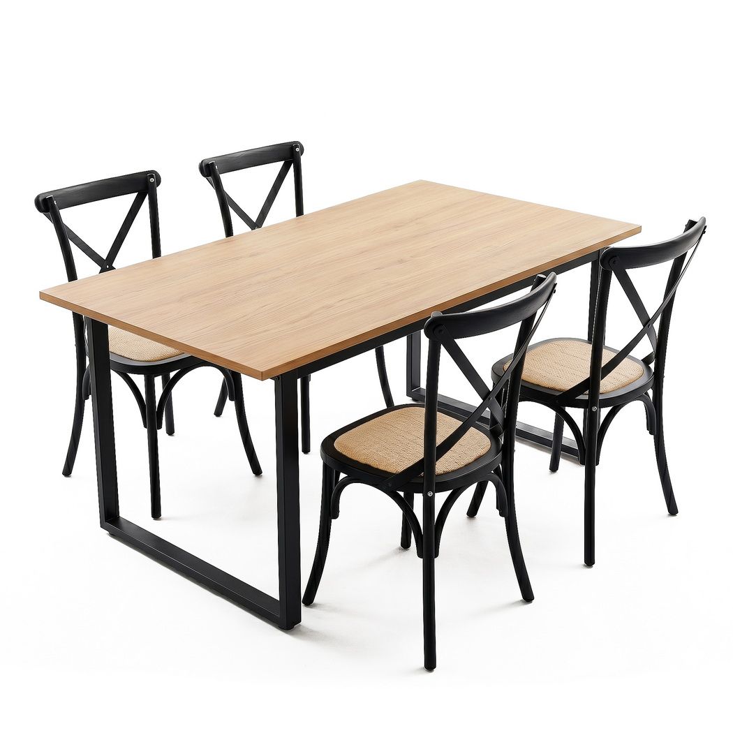 5PCS Industrial Dining Table and 4 Rattan Chairs Set 150x90cm - Black