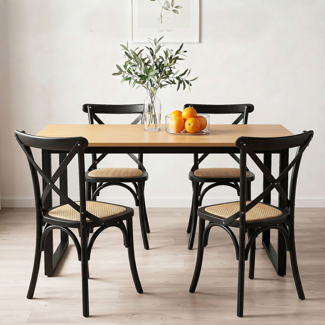 5PCS Industrial Dining Table and 4 Rattan Chairs Set 150x90cm - Black