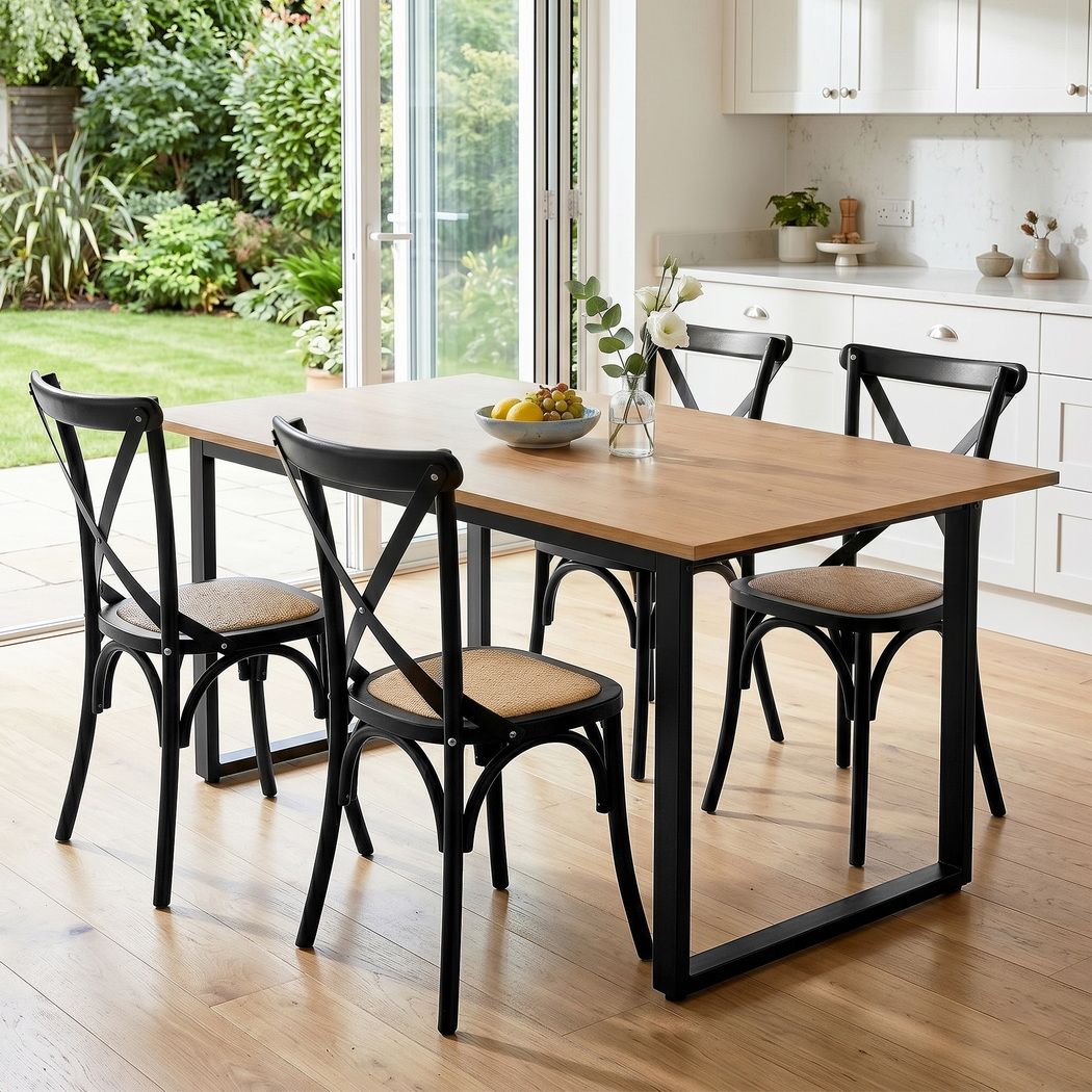 5PCS Industrial Dining Table and 4 Rattan Chairs Set 150x90cm - Black