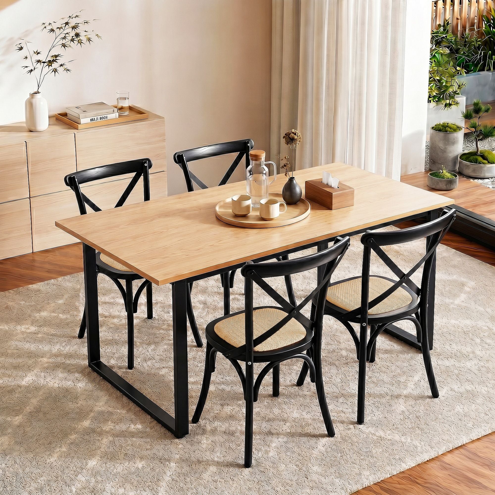 5PCS Industrial Dining Table and 4 Rattan Chairs Set 150x90cm - Black