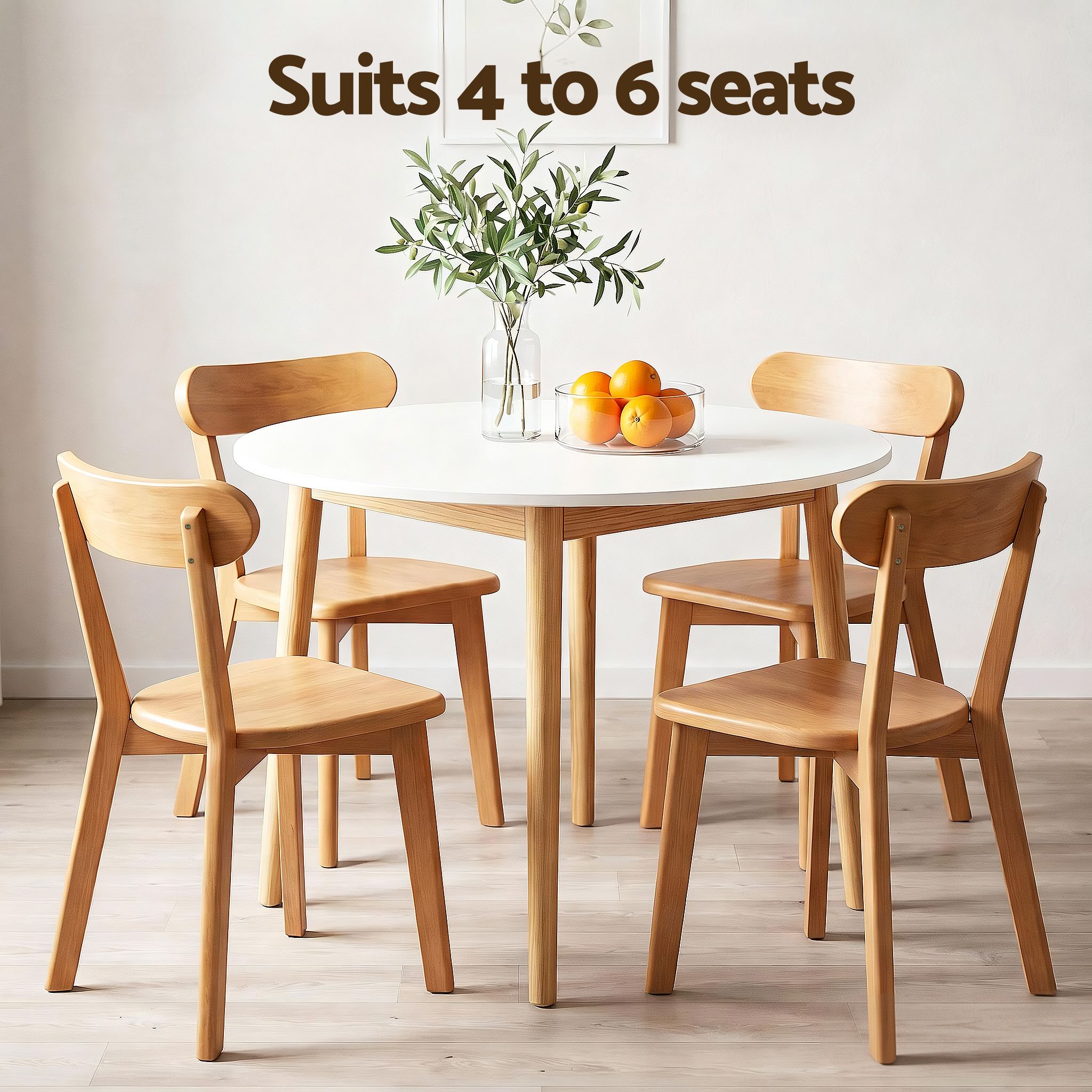Round Dining Table and Chairs Set 5 PCS, 108cm Compact Kitchen Table Set with Solid Pine Wood Legs & 4 Ergonomic Rubber Wood Chairs,White Timber Dining Set for Small Space