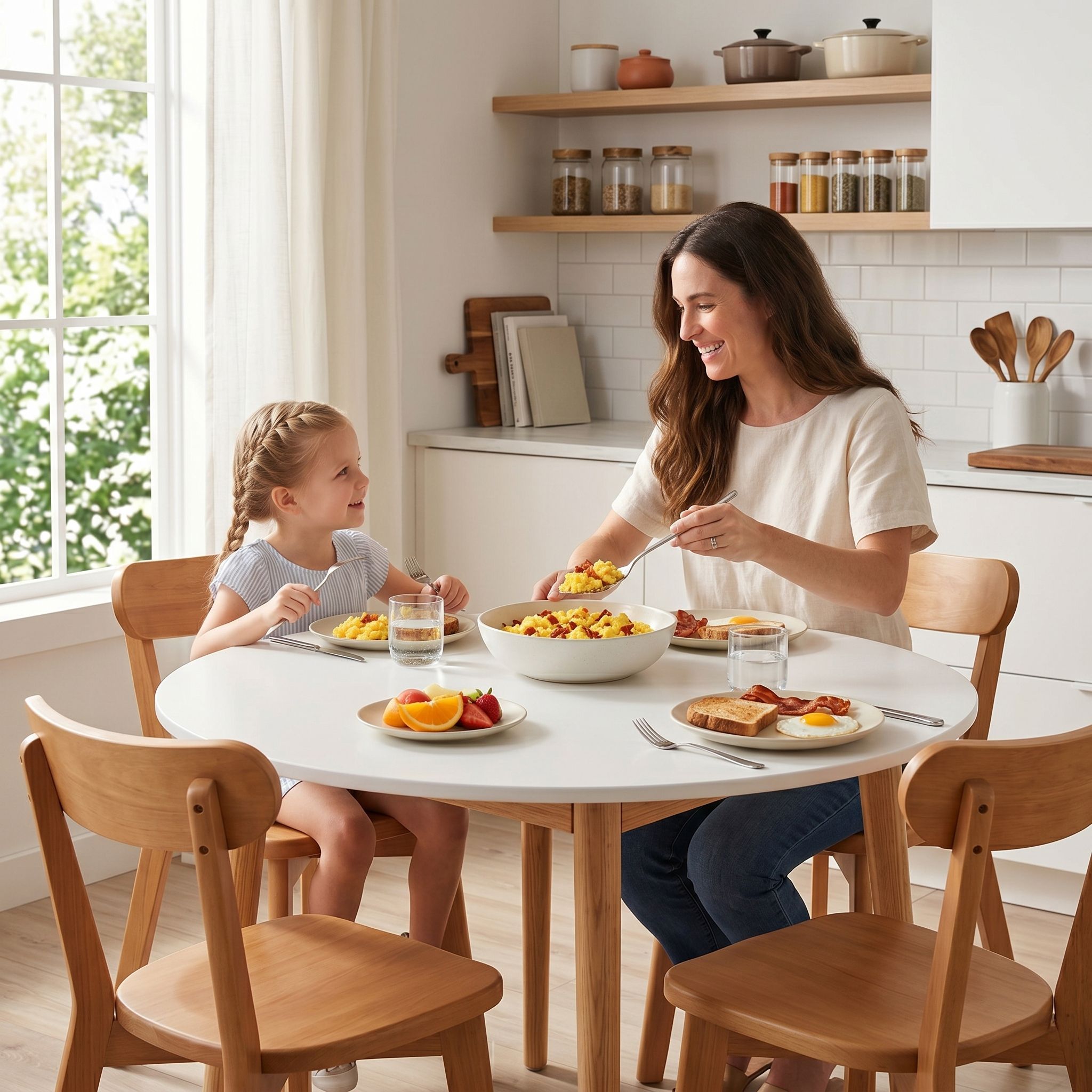 Round Dining Table and Chairs Set 5 PCS, 108cm Compact Kitchen Table Set with Solid Pine Wood Legs & 4 Ergonomic Rubber Wood Chairs,White Timber Dining Set for Small Space
