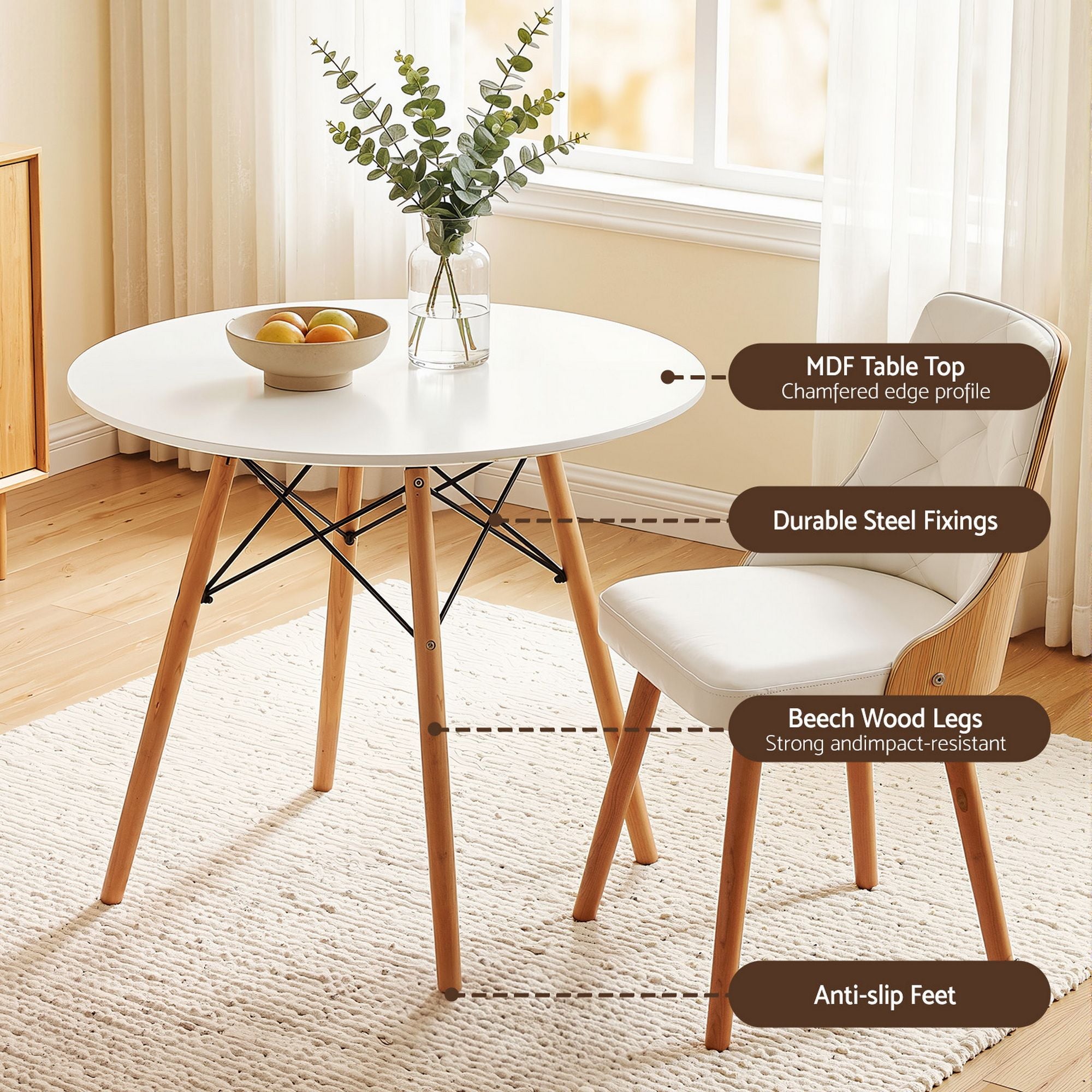 Dining Table and Chairs Set 3PCS 90cm 2 Seater Round Dining Set for Kitchen, Apartment, Dining Room White