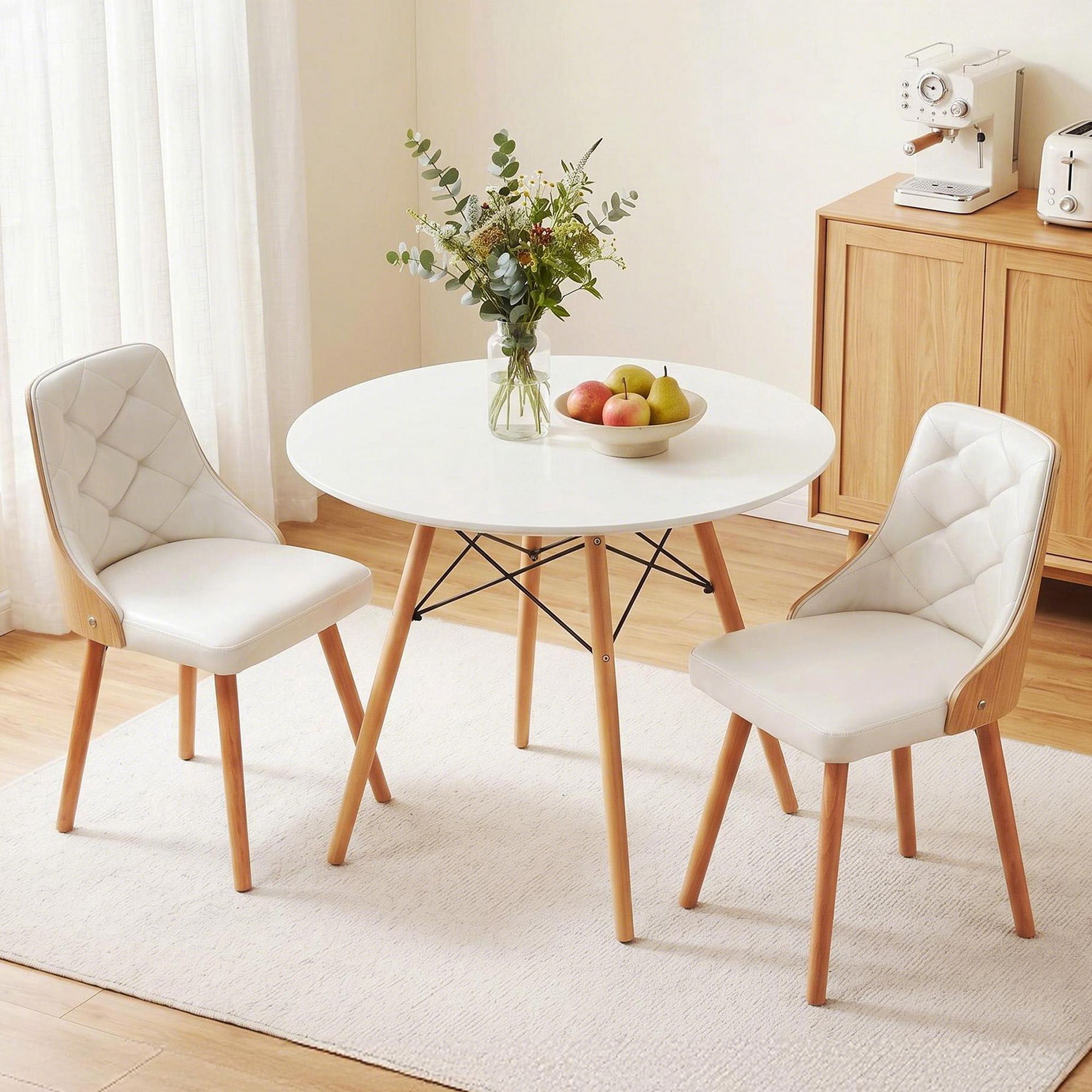 Dining Table and Chairs Set 3PCS 90cm 2 Seater Round Dining Set for Kitchen, Apartment, Dining Room White