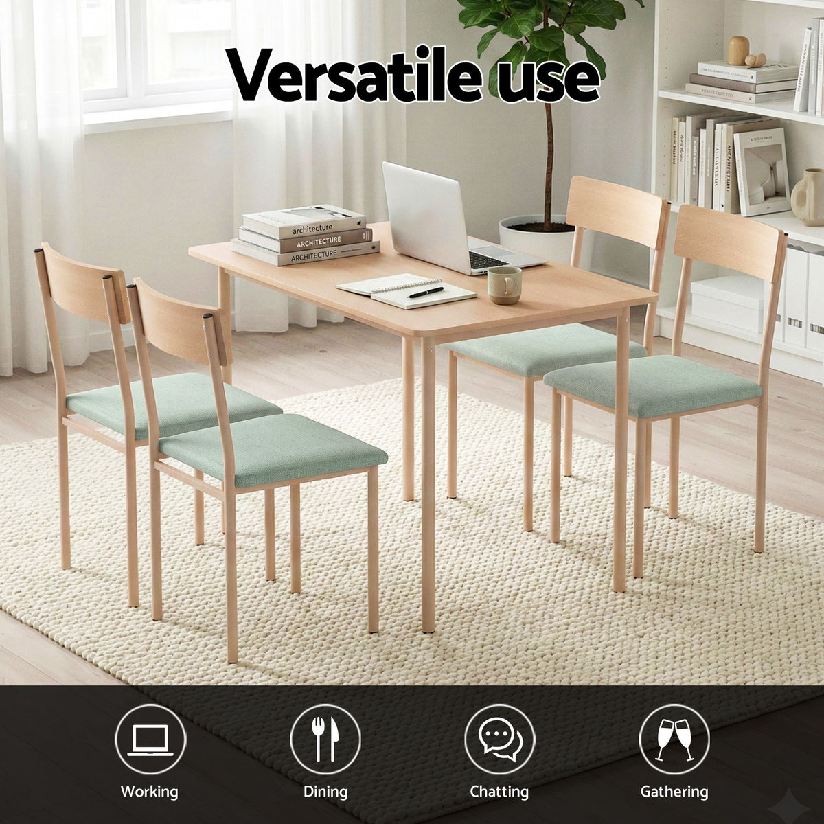 Dining Table and 4 Chairs Set Compact Kitchen Furniture - Natural Light Green