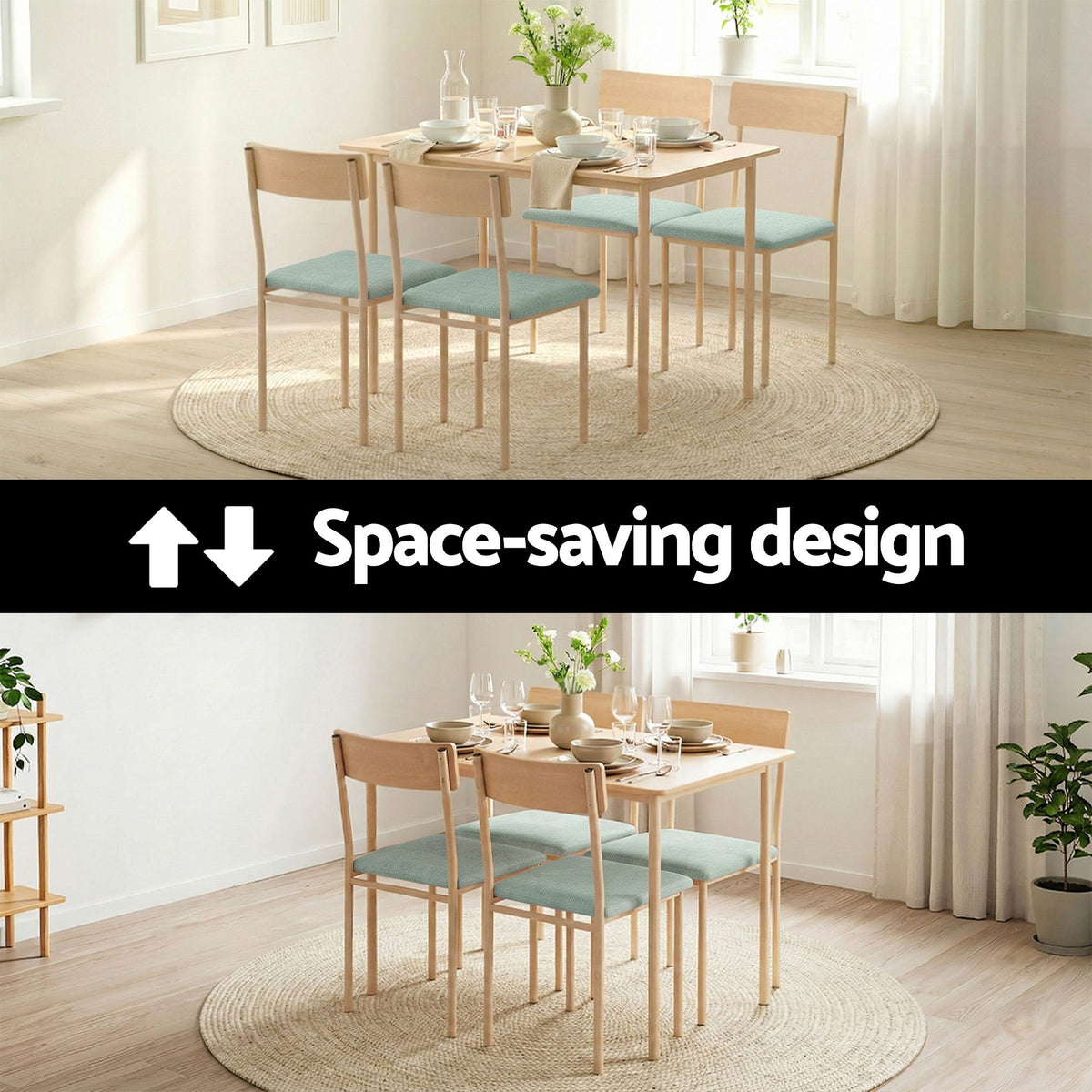 Dining Table and 4 Chairs Set Compact Kitchen Furniture - Natural Light Green