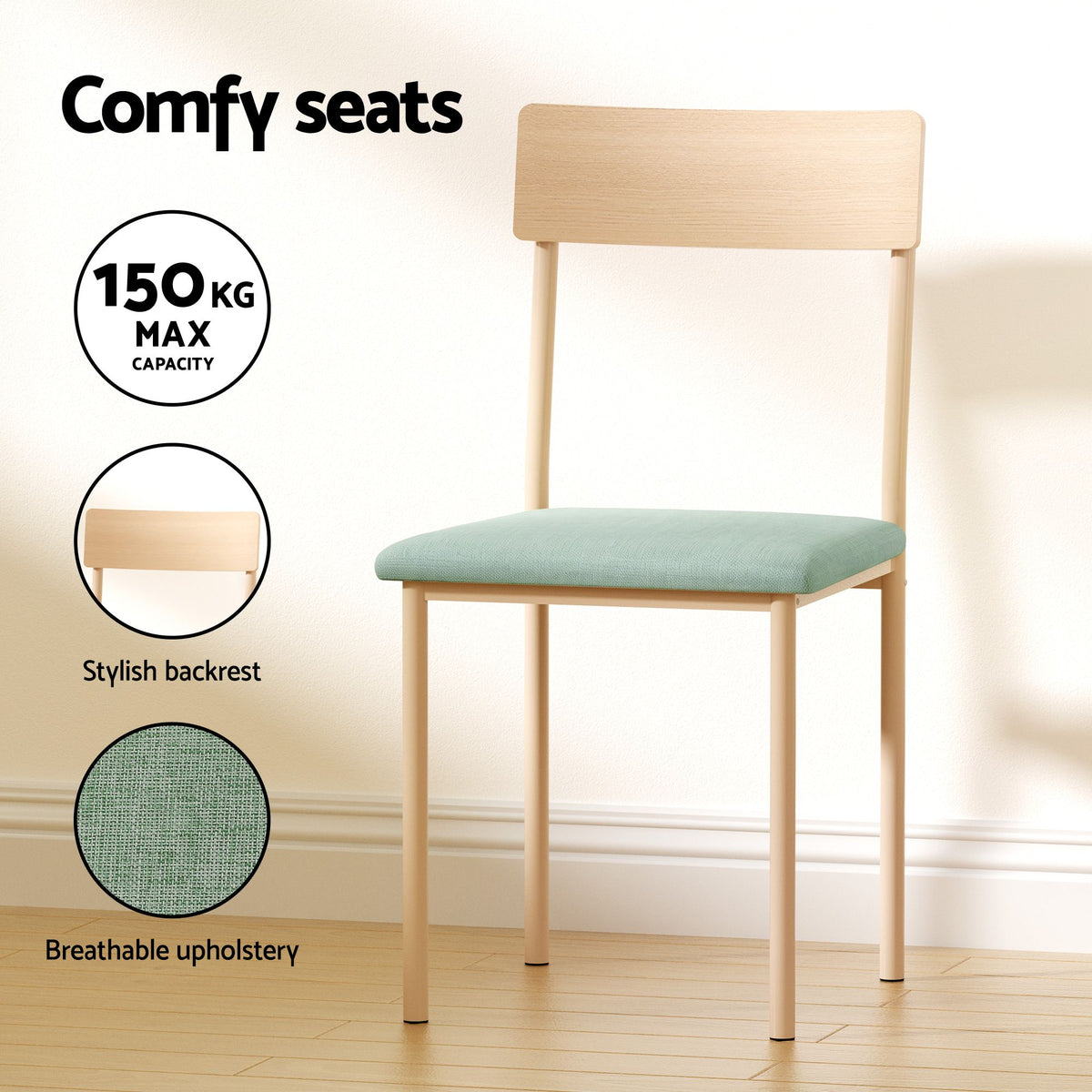 Dining Table and 4 Chairs Set Compact Kitchen Furniture - Natural Light Green