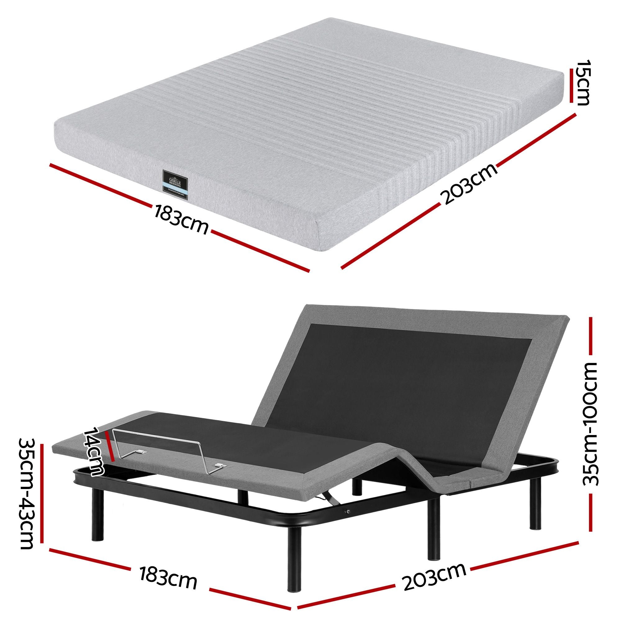 King Bed Frame and Giselle Bedding King Memory Foam Mattress Set, Electric Bed Base with Zero Gravity & 7 Zone Cooling Comfort for Back Pain Relief, Black & Grey, 15cm Thickness