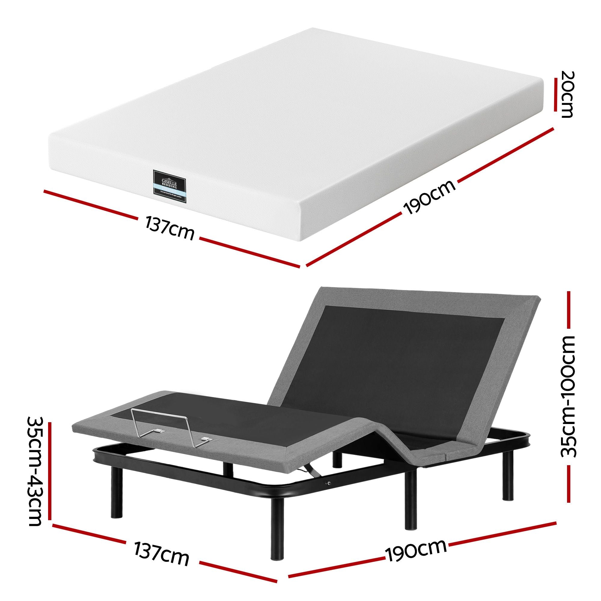 Double size bed frame & Giselle Bedding Double Mattress Combo, adjustable bed Base for Snoring Relief, Independent Head Foot Incline, Wireless Remote, Black,20cm Thickness