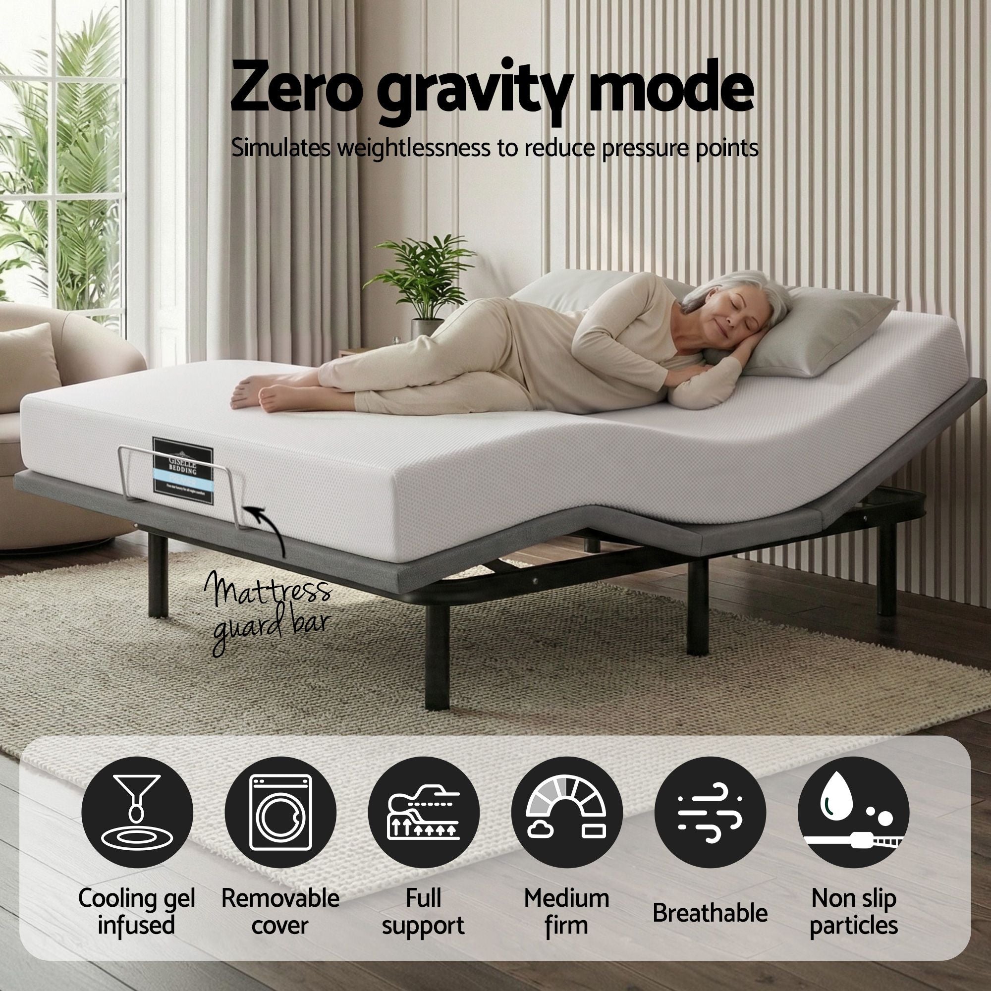 Double size bed frame & Giselle Bedding Double Mattress Combo, adjustable bed Base for Snoring Relief, Independent Head Foot Incline, Wireless Remote, Black,20cm Thickness