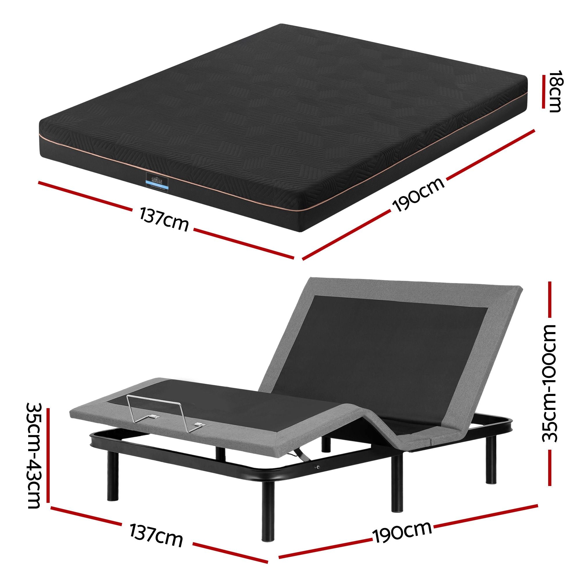 Double size bed frame with Giselle Bedding Double Mattress, adjustable bed Base Combo for Snoring Relief, Independent Head Foot Incline, Wireless Remote, Black,18cm Thickness